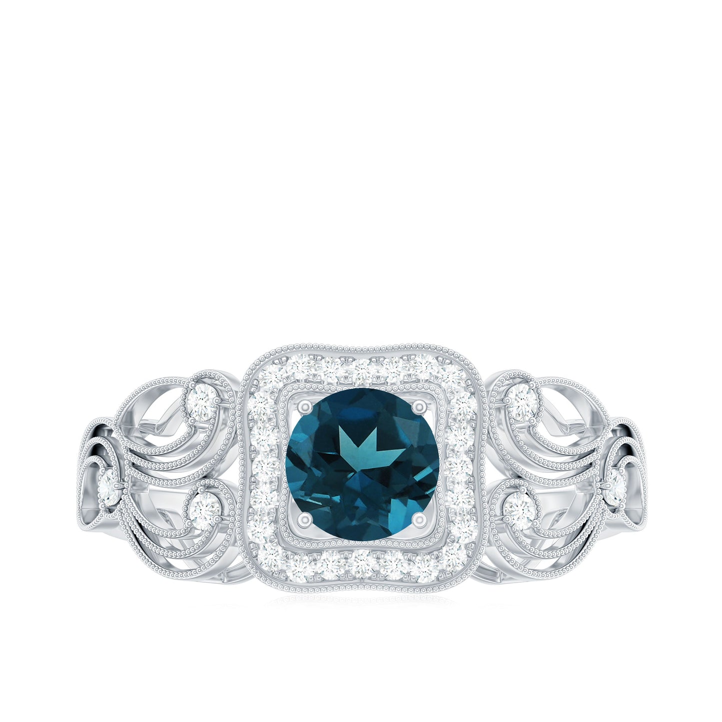 Certified London Blue Topaz Art Deco Engagement Ring with Diamond Halo