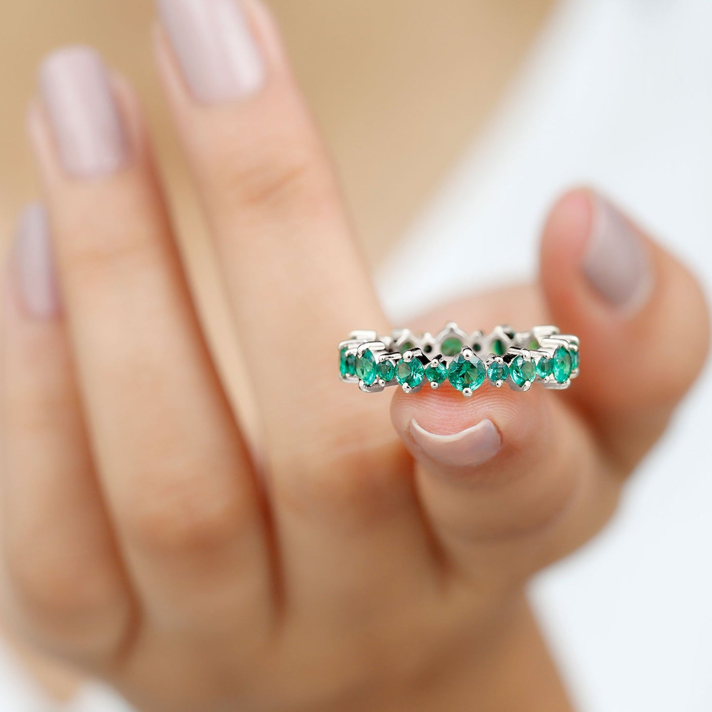 Lab Grown Emerald Full Eternity Wedding Anniversary Ring with Certificate