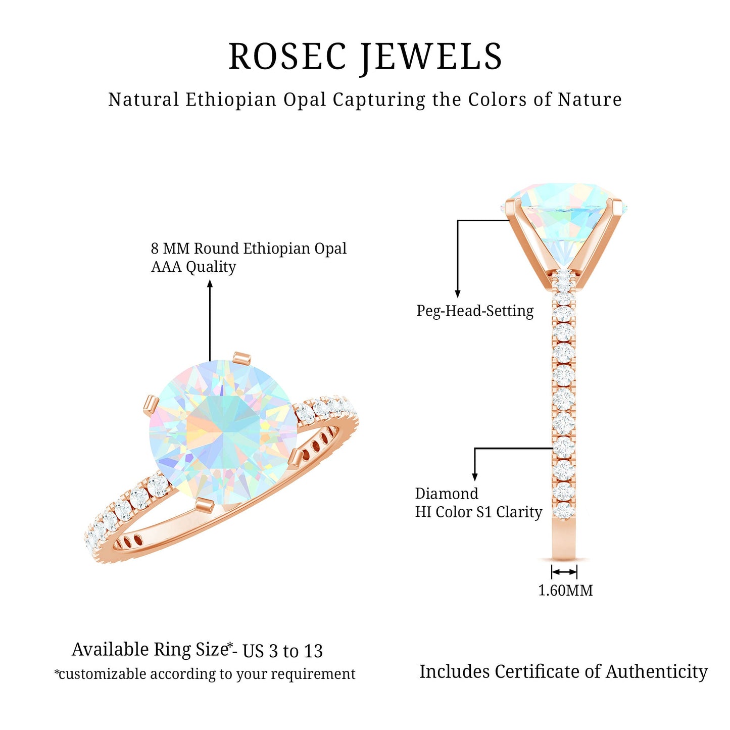Natural 8mm Ethiopian Rainbow Opal Diamond Engagement Ring with Certificate