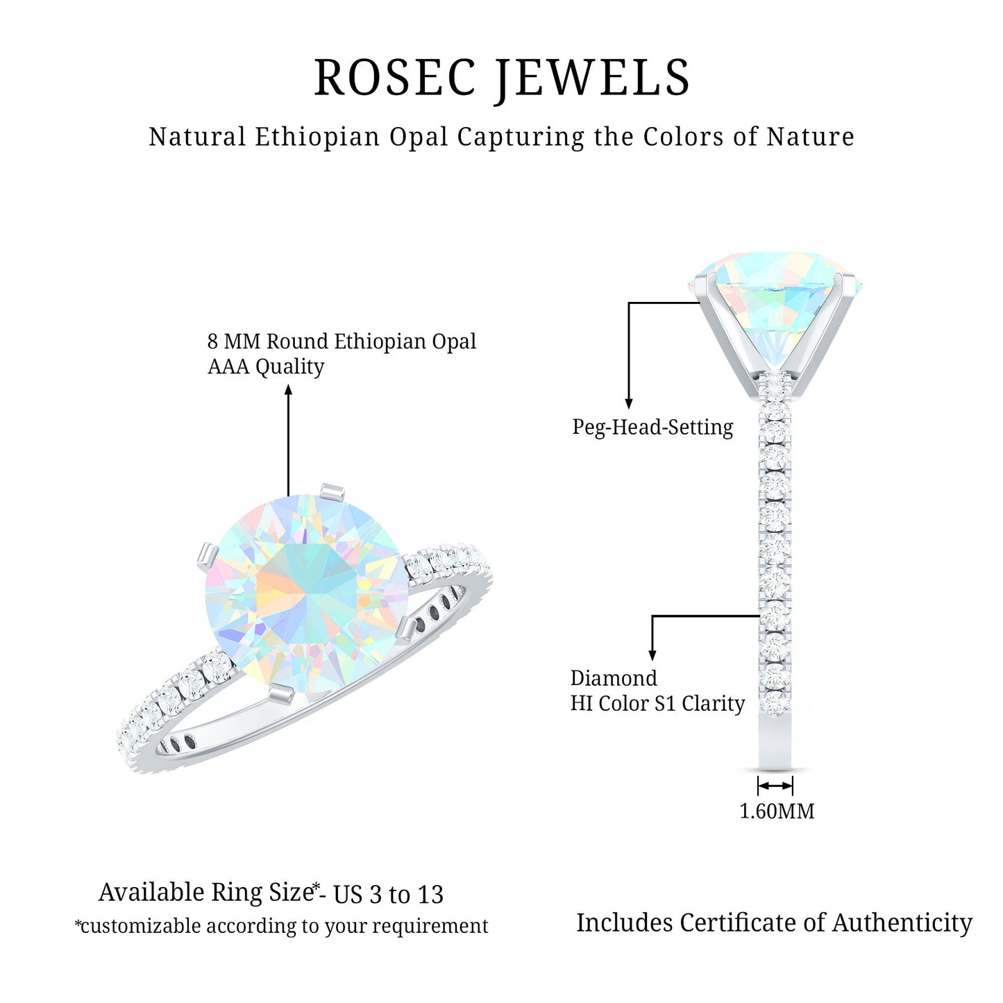 Natural 8mm Ethiopian Rainbow Opal Diamond Engagement Ring with Certificate