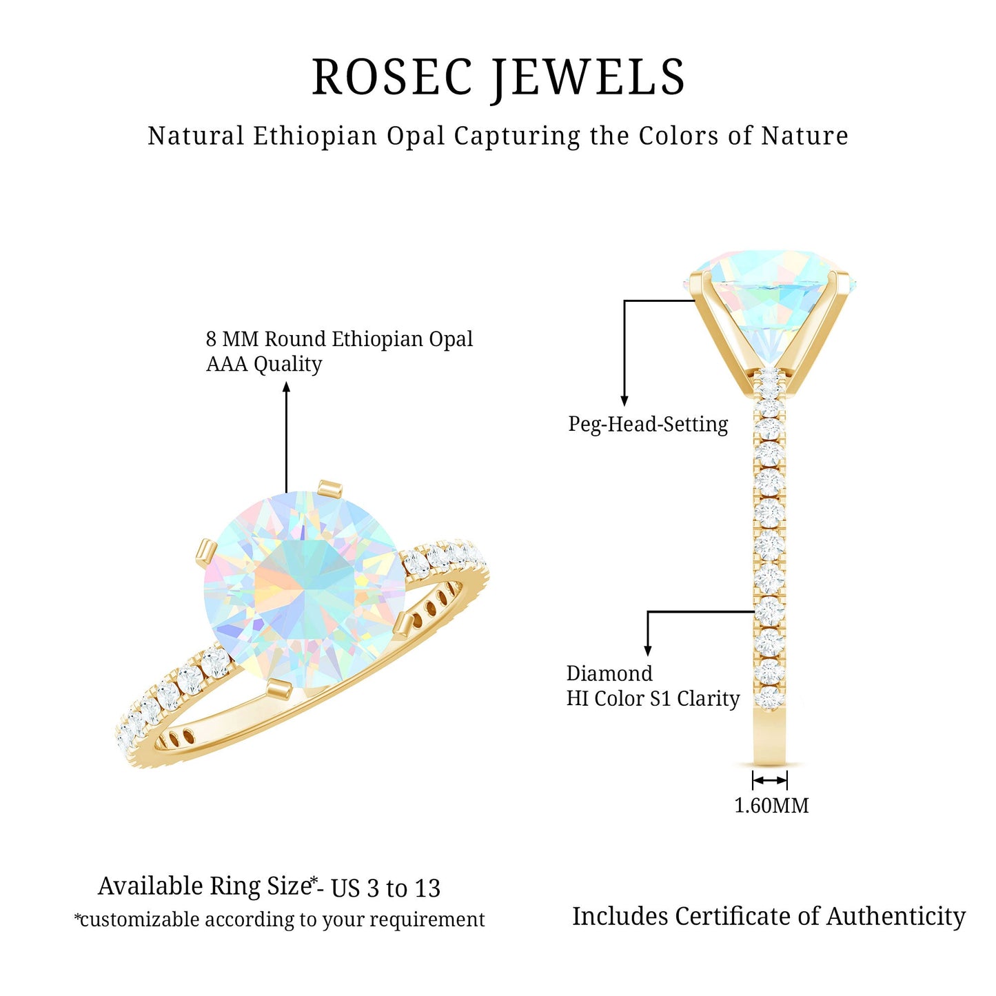 Natural 8mm Ethiopian Rainbow Opal Diamond Engagement Ring with Certificate