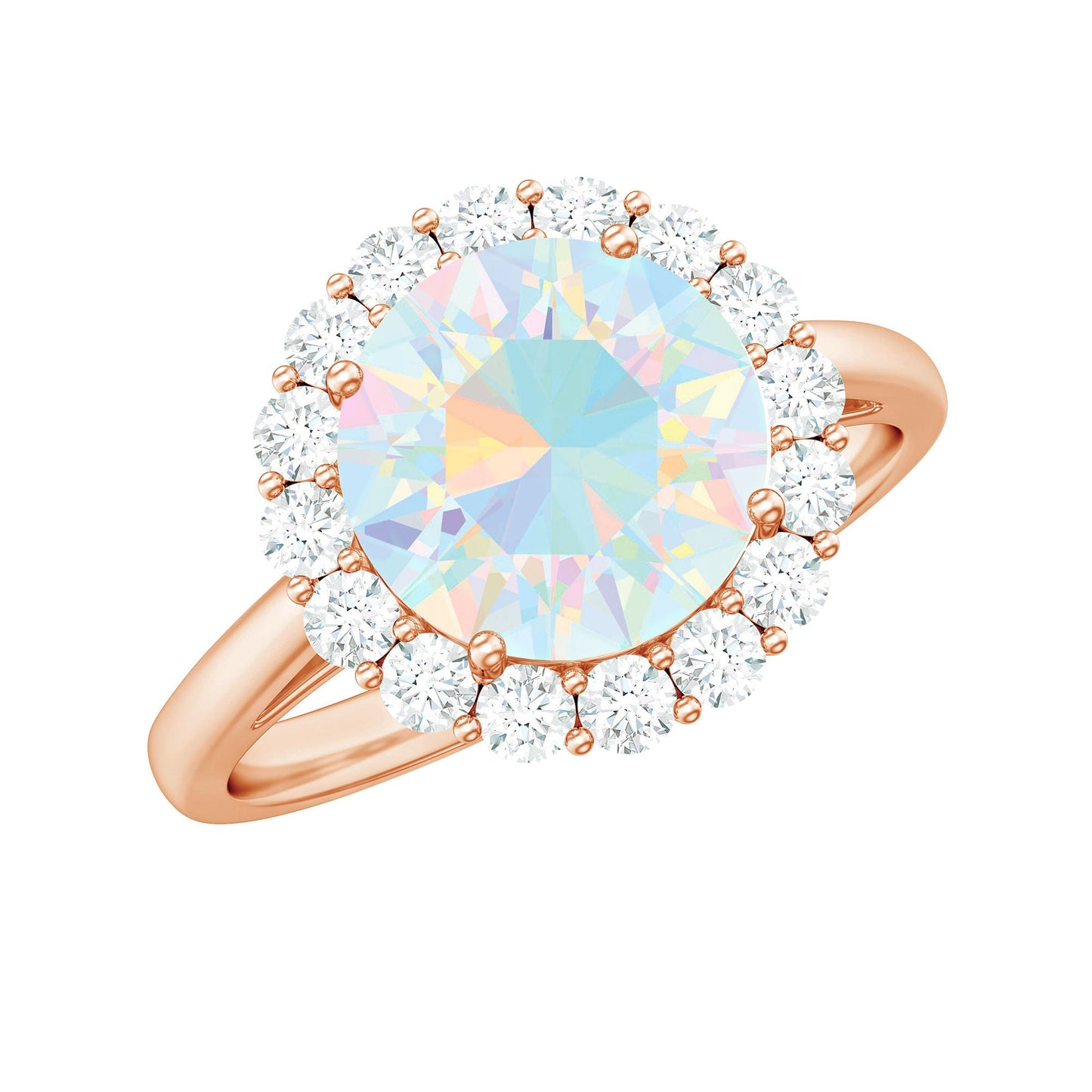Certified Real 8mm Ethiopian Rainbow Opal Engagement Ring with Diamond Halo