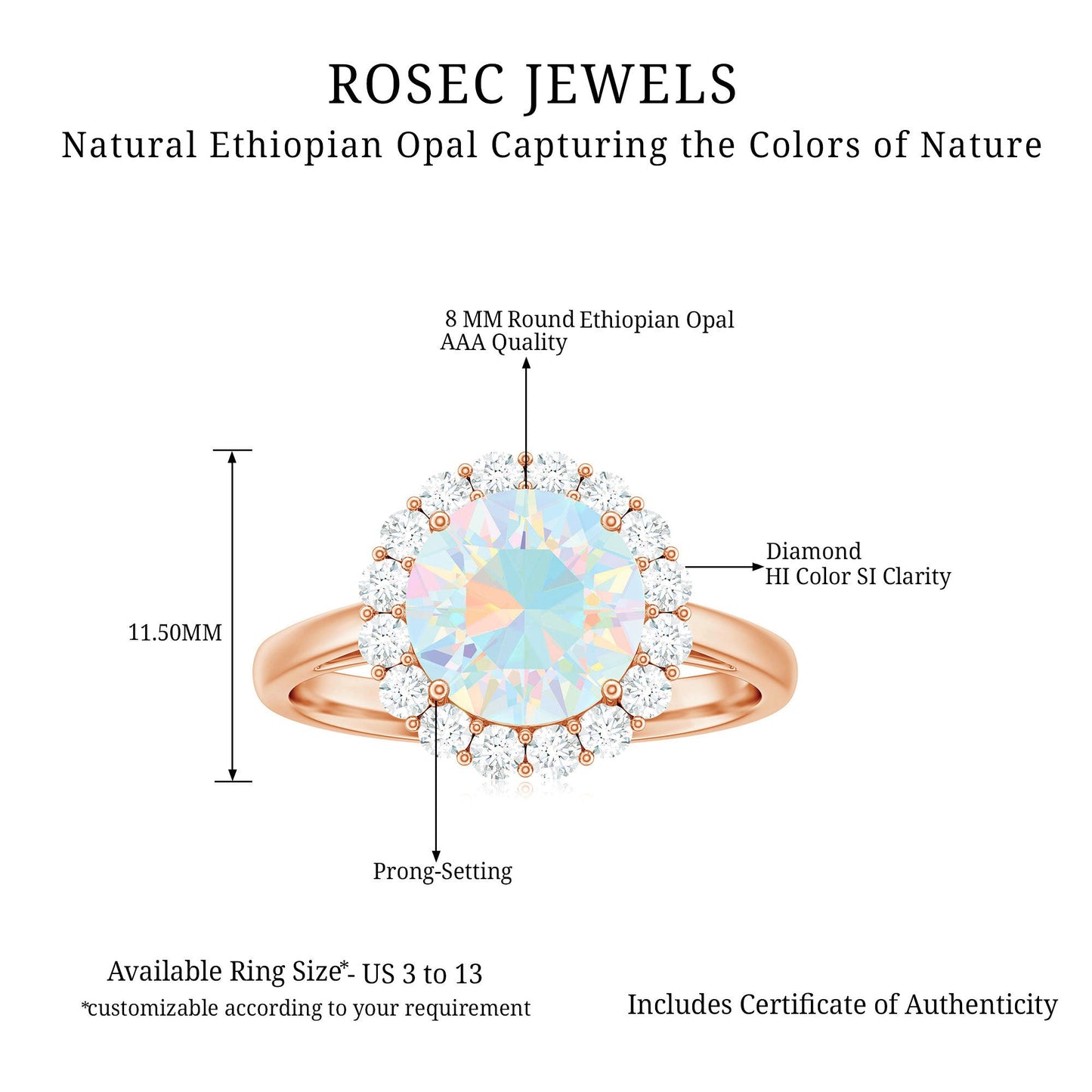 Certified Real 8mm Ethiopian Rainbow Opal Engagement Ring with Diamond Halo