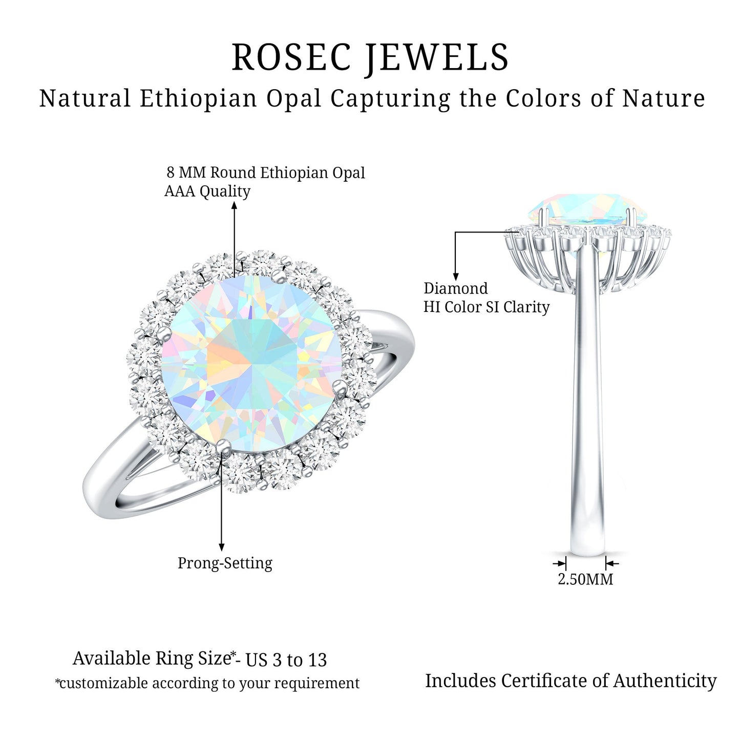 Certified Real 8mm Ethiopian Rainbow Opal Engagement Ring with Diamond Halo
