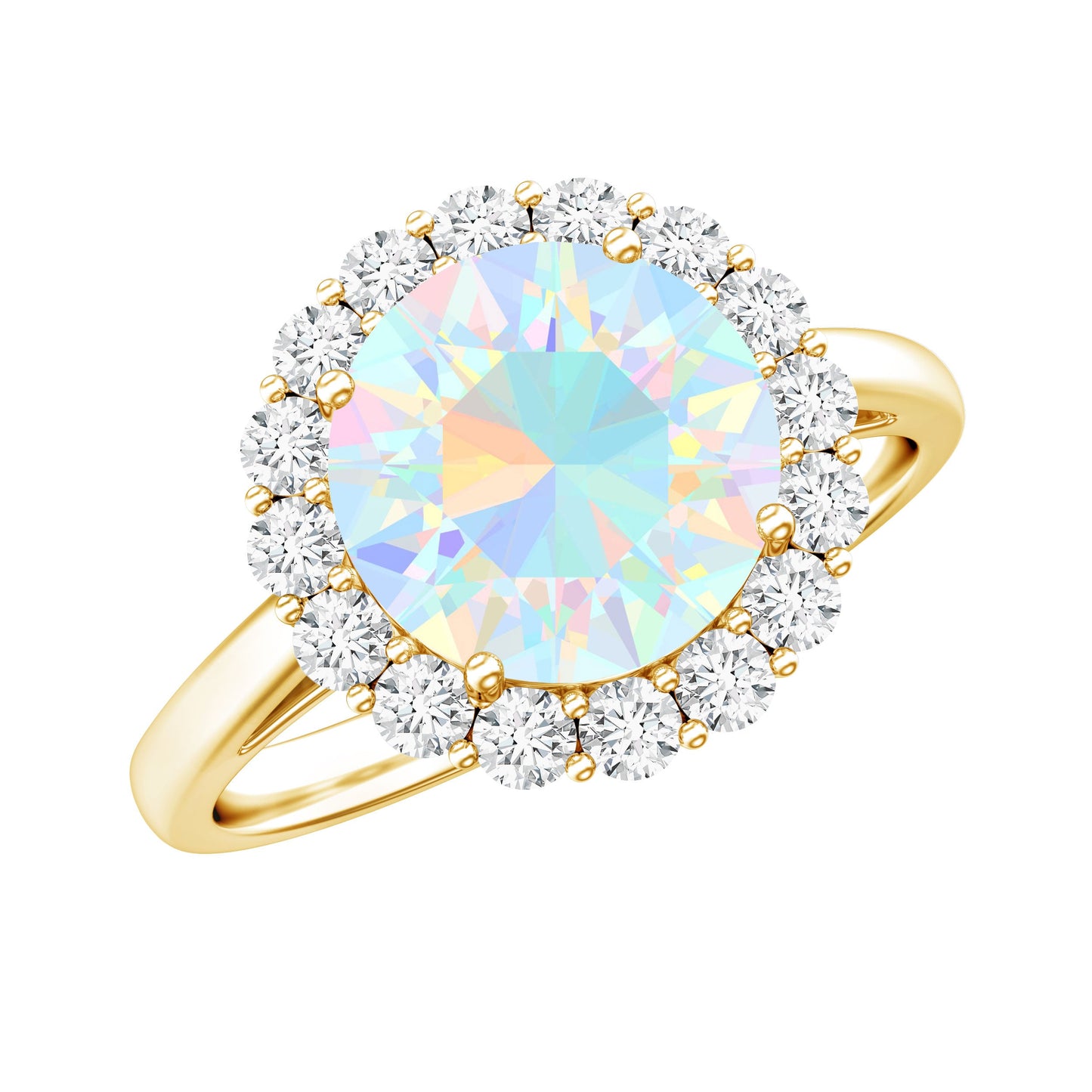 Certified Real 8mm Ethiopian Rainbow Opal Engagement Ring with Diamond Halo