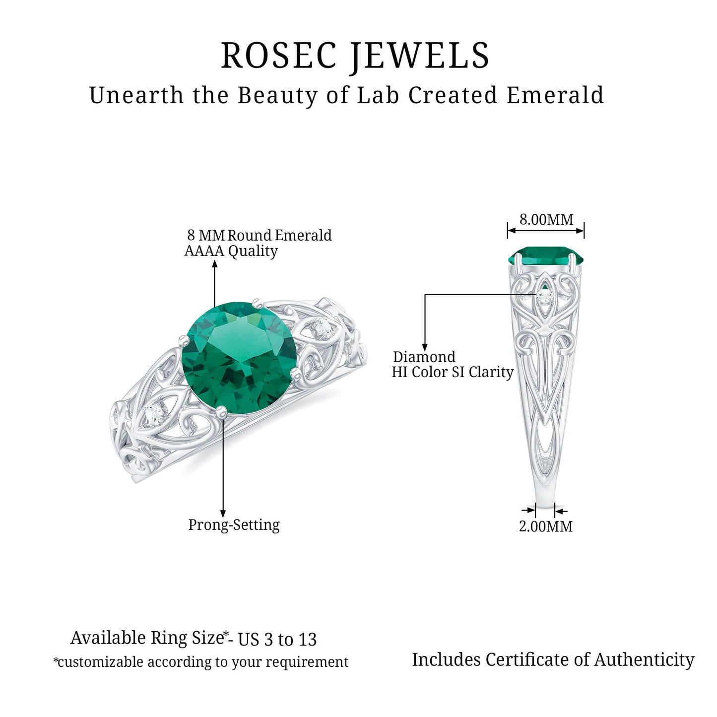 Certified 8 mm Lab Grown Emerald Antique Engagement Ring