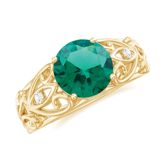Certified 8 mm Lab Grown Emerald Antique Engagement Ring