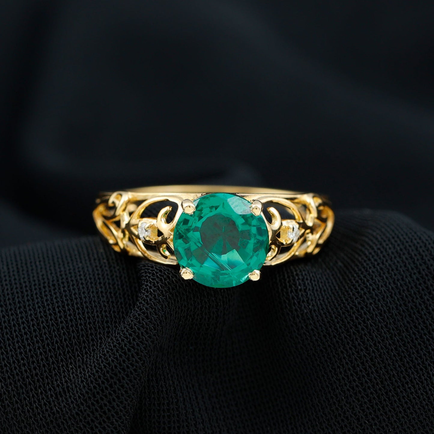 Certified 8 mm Lab Grown Emerald Antique Engagement Ring
