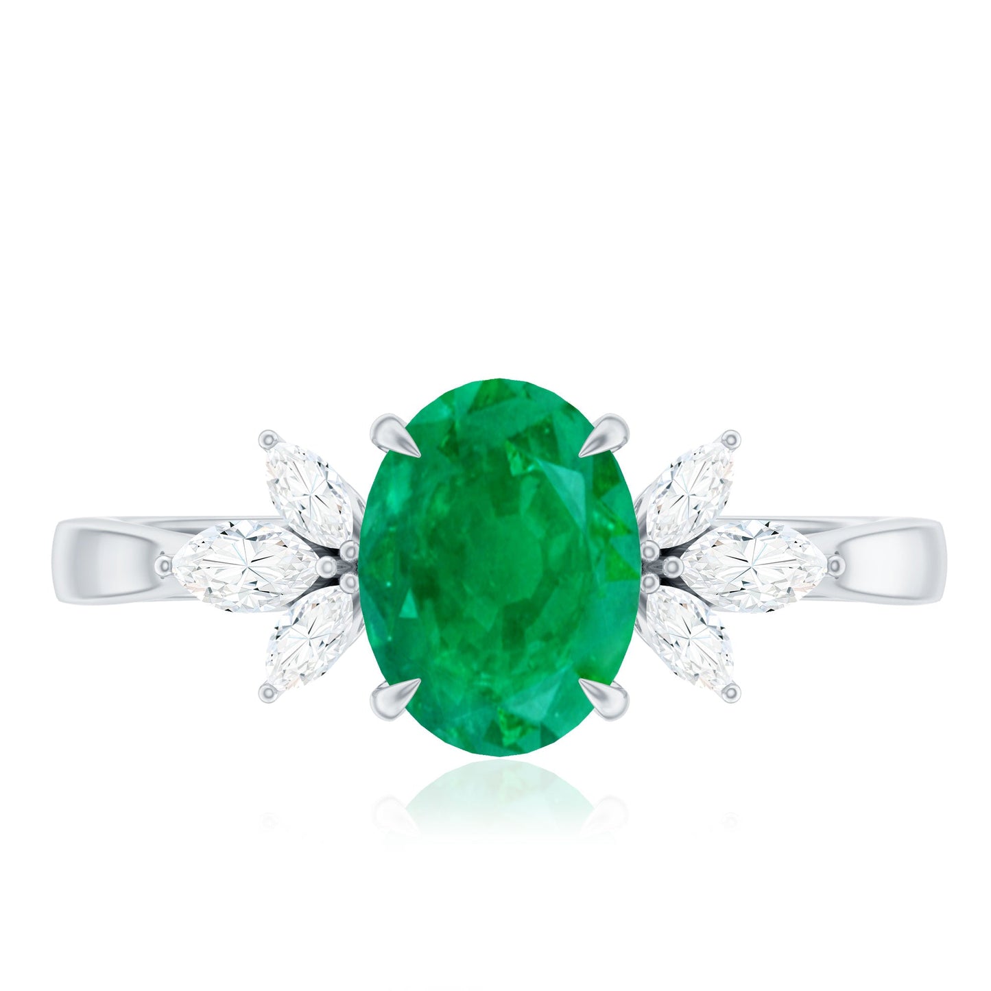 Natural 6X8MM Oval Emerald Engagement Ring with Diamond Trio
