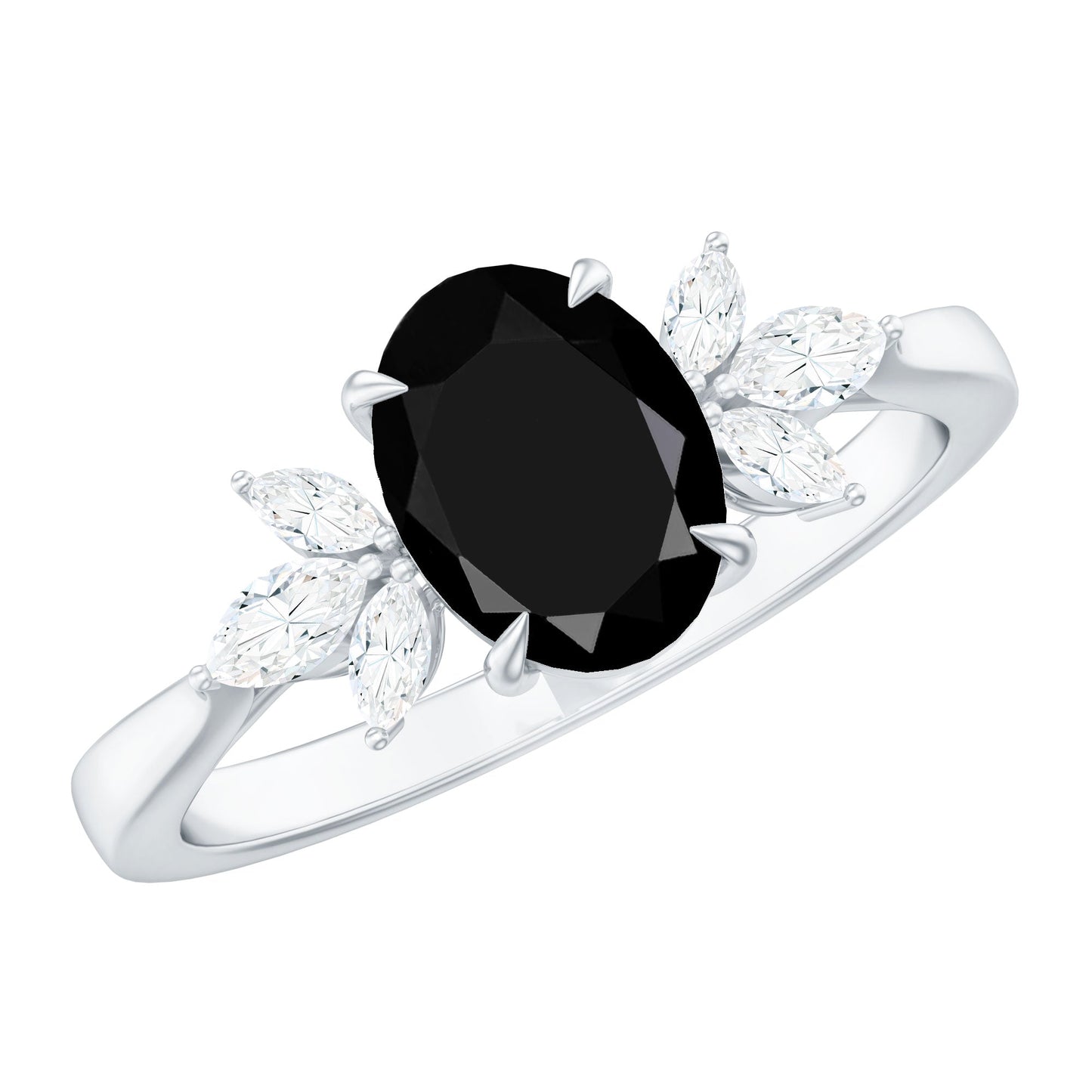 Oval Cut Black Onyx Engagement Ring with Diamond Trio