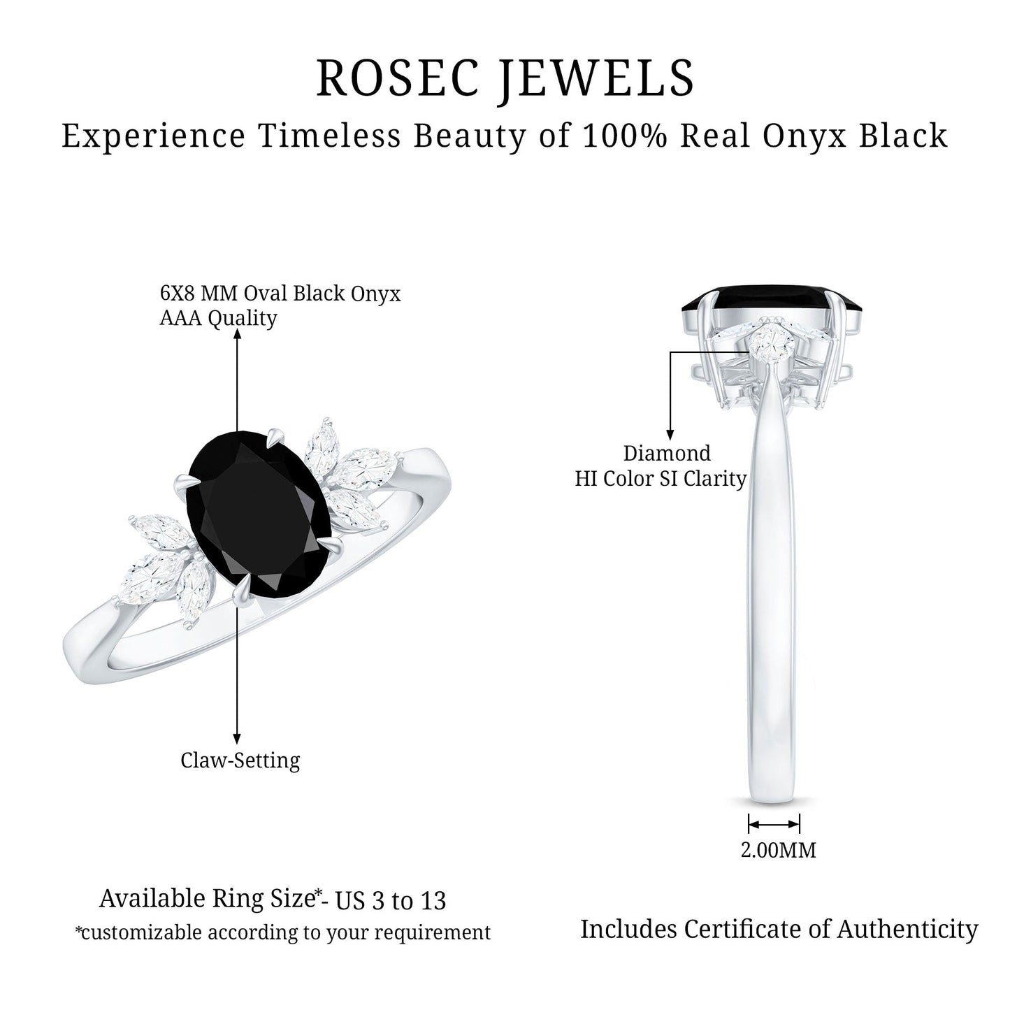 Oval Cut Black Onyx Engagement Ring with Diamond Trio