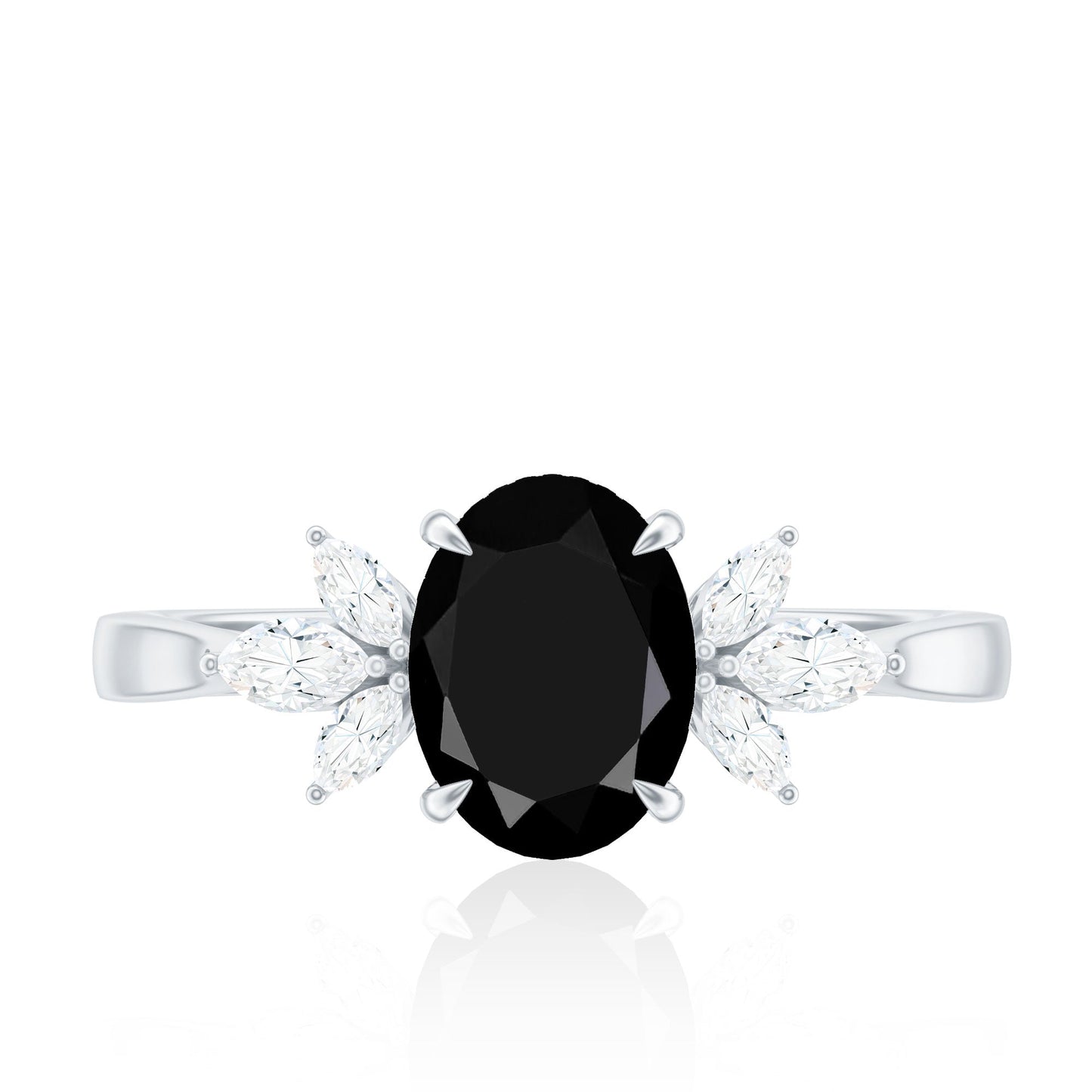 Oval Cut Black Onyx Engagement Ring with Diamond Trio