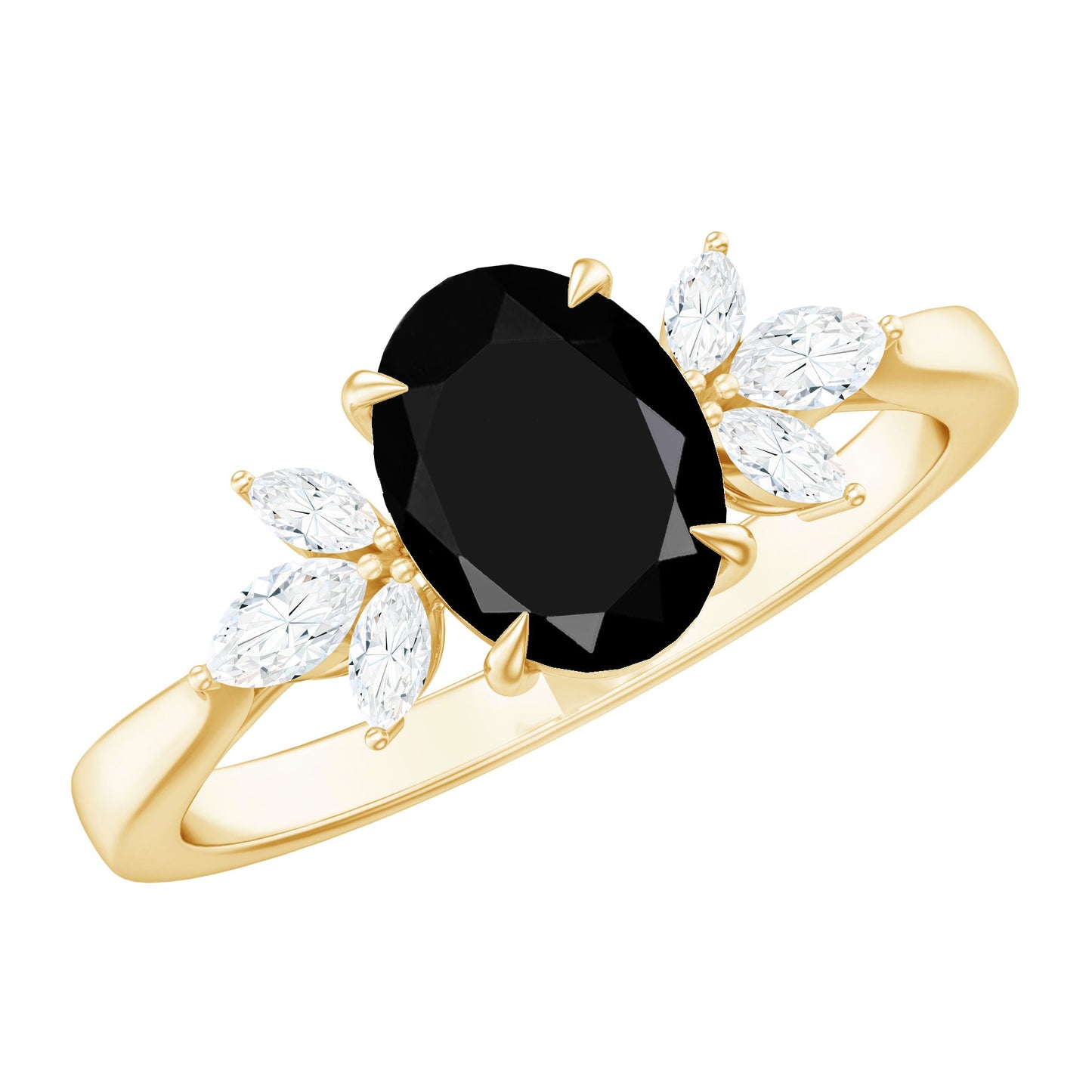 Oval Cut Black Onyx Engagement Ring with Diamond Trio