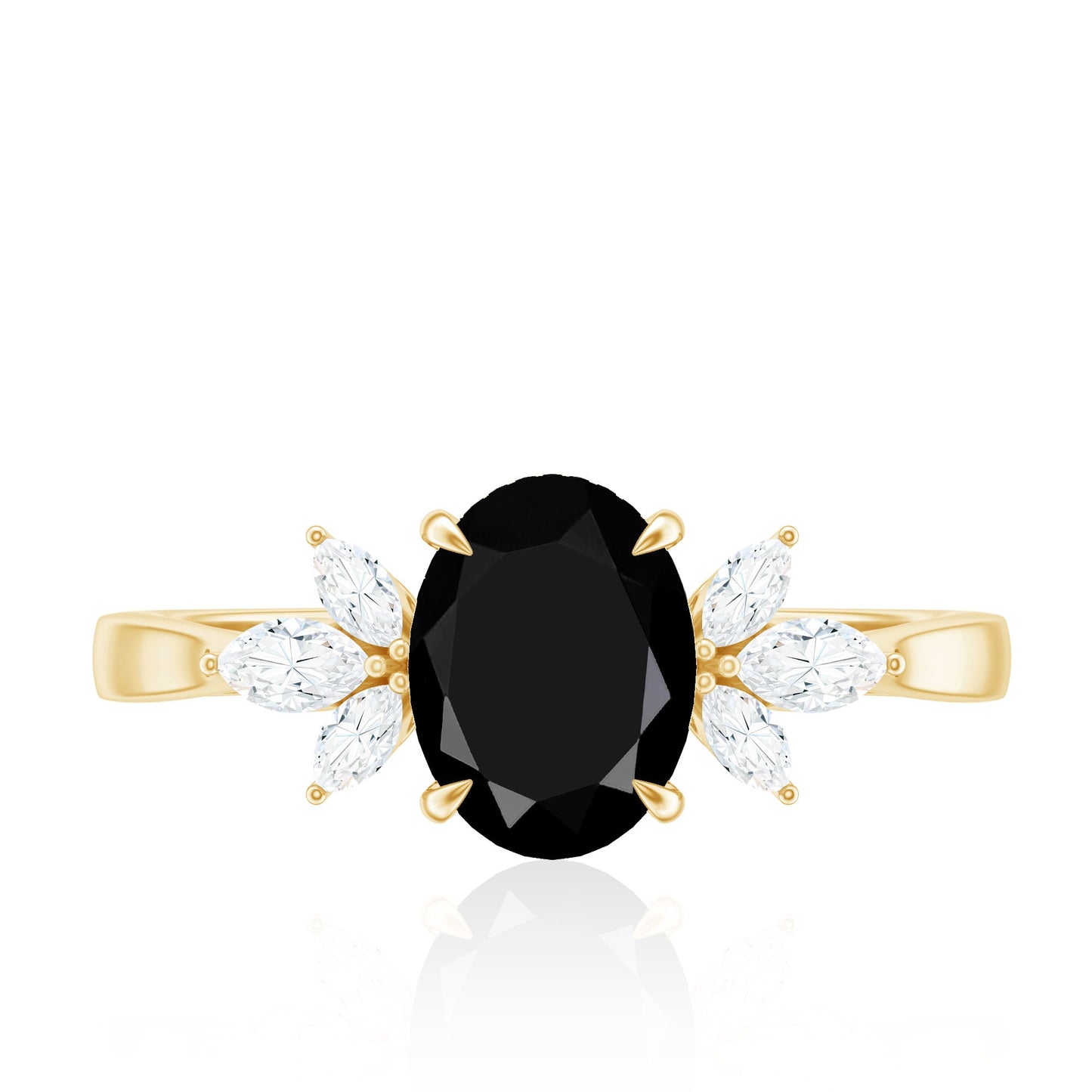 Oval Cut Black Onyx Engagement Ring with Diamond Trio