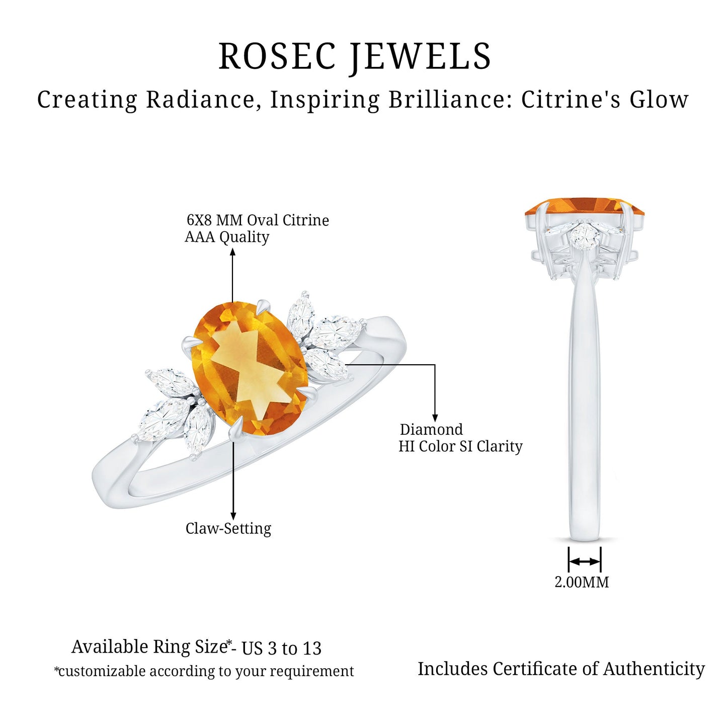 Certified Real 6X8mm Citrine Oval Engagement Ring with Diamond Trio