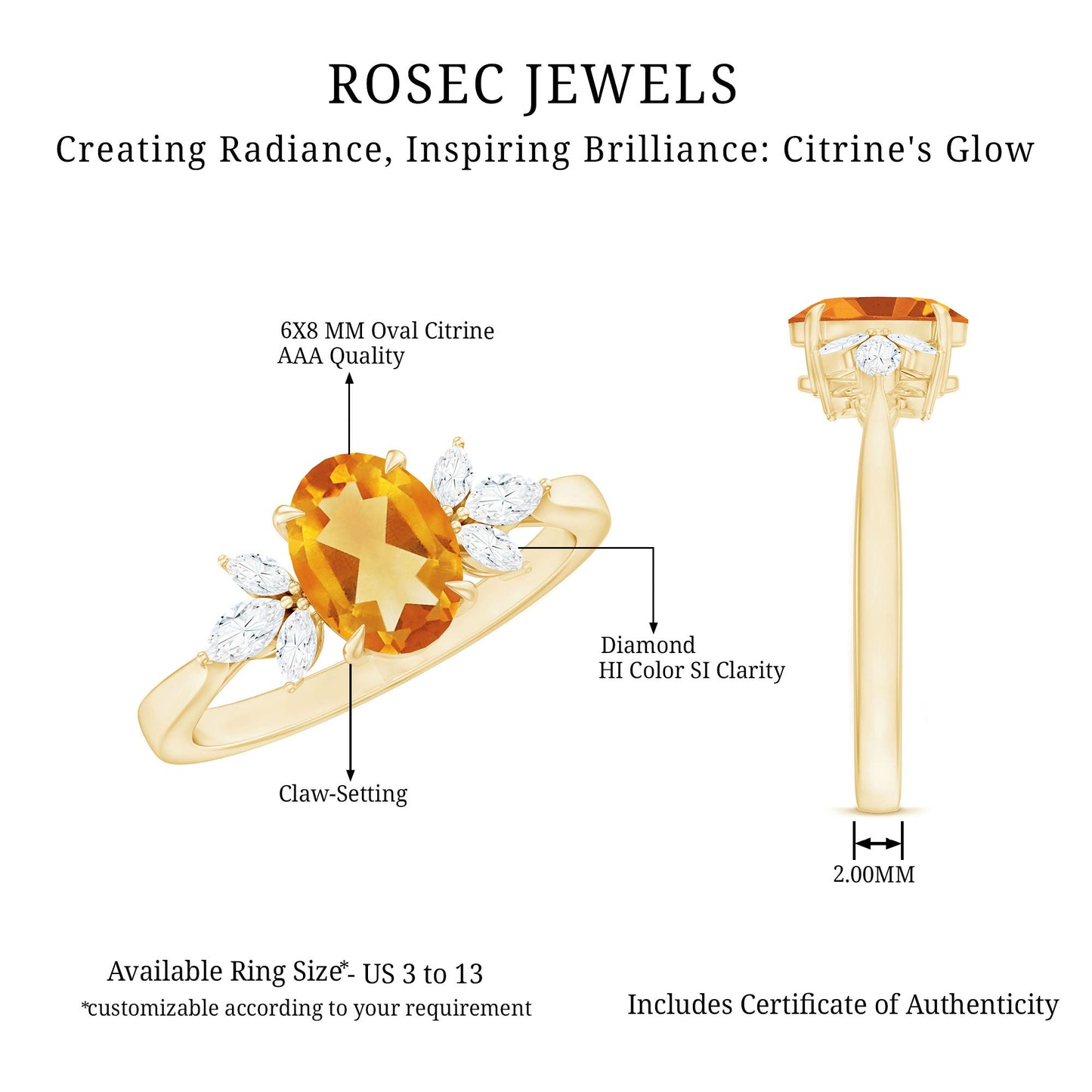Certified Real 6X8mm Citrine Oval Engagement Ring with Diamond Trio