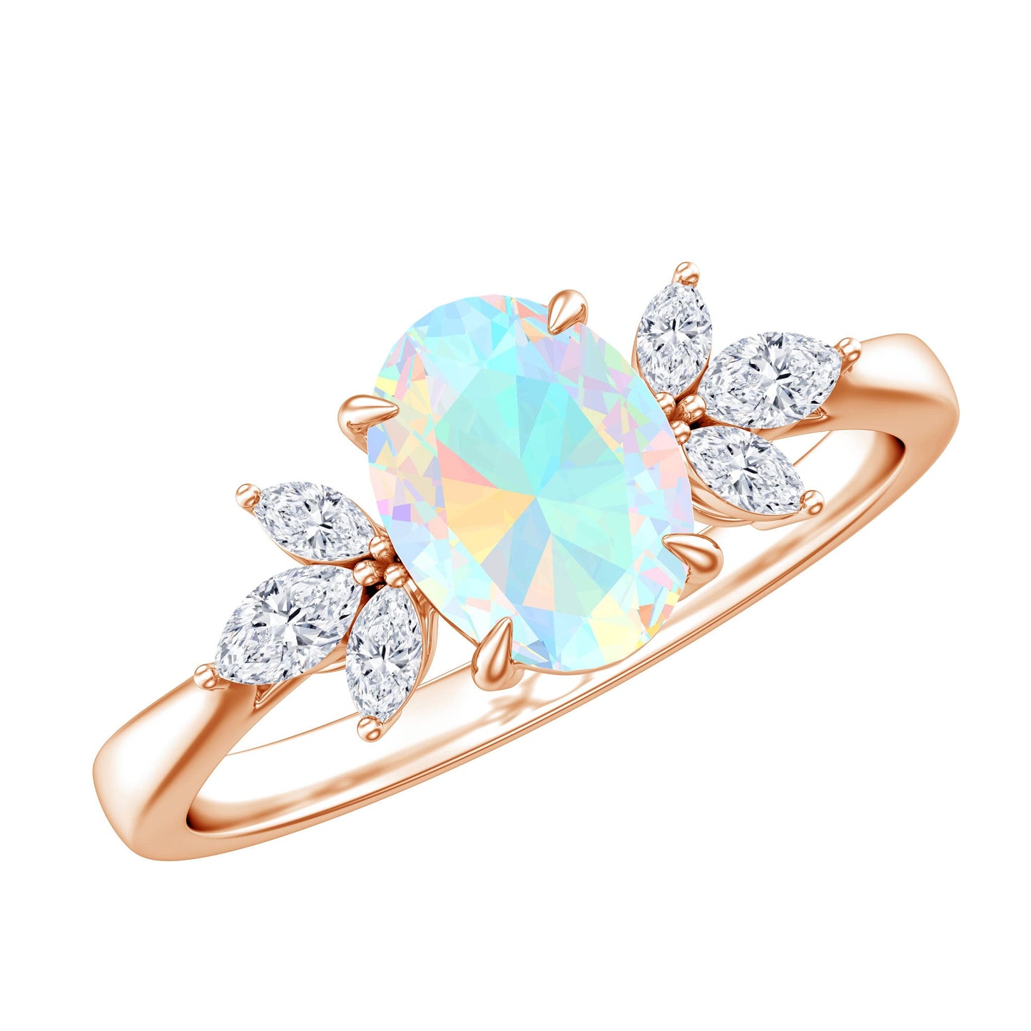 Natural 6X8mm Rainbow Opal Oval Engagement Ring with Diamond