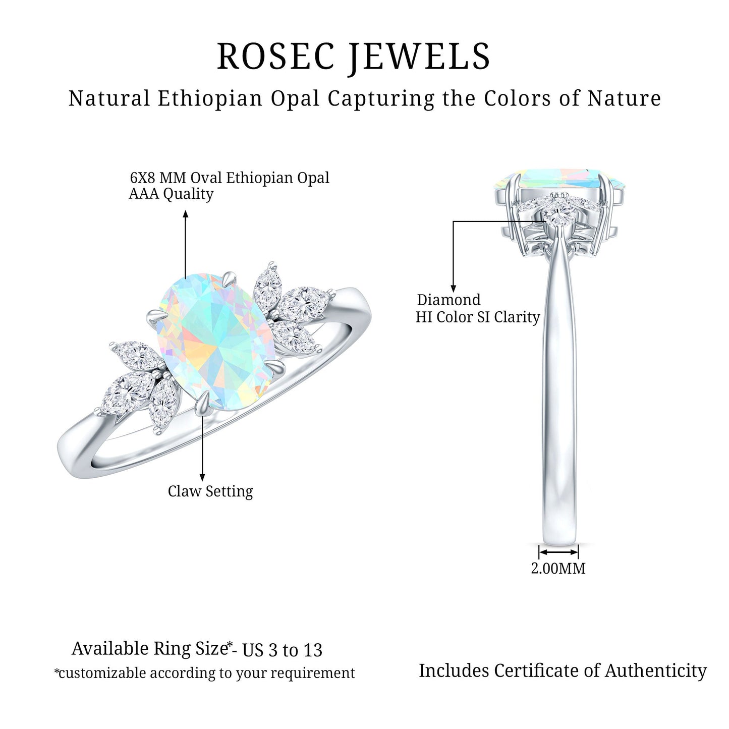 Natural 6X8mm Rainbow Opal Oval Engagement Ring with Diamond