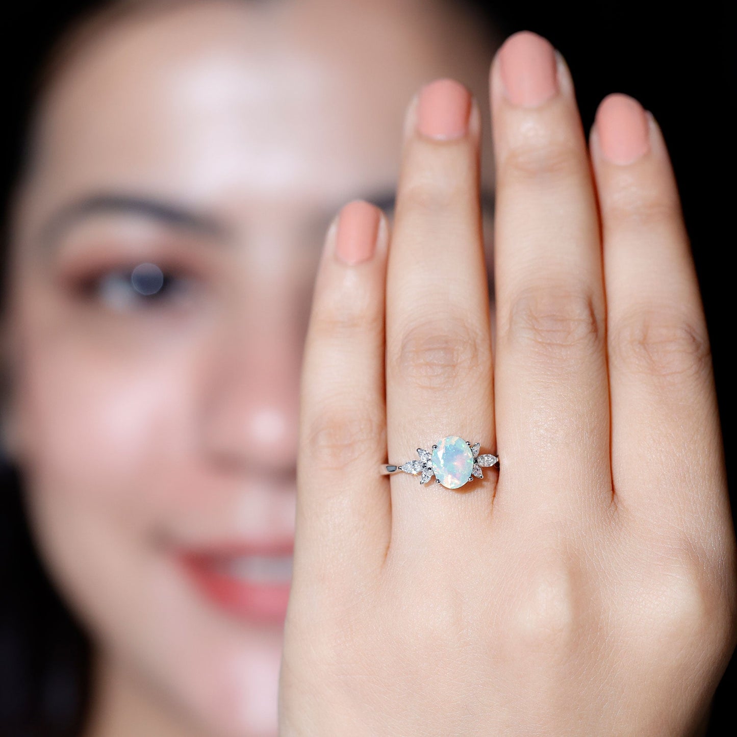 Natural 6X8mm Rainbow Opal Oval Engagement Ring with Diamond
