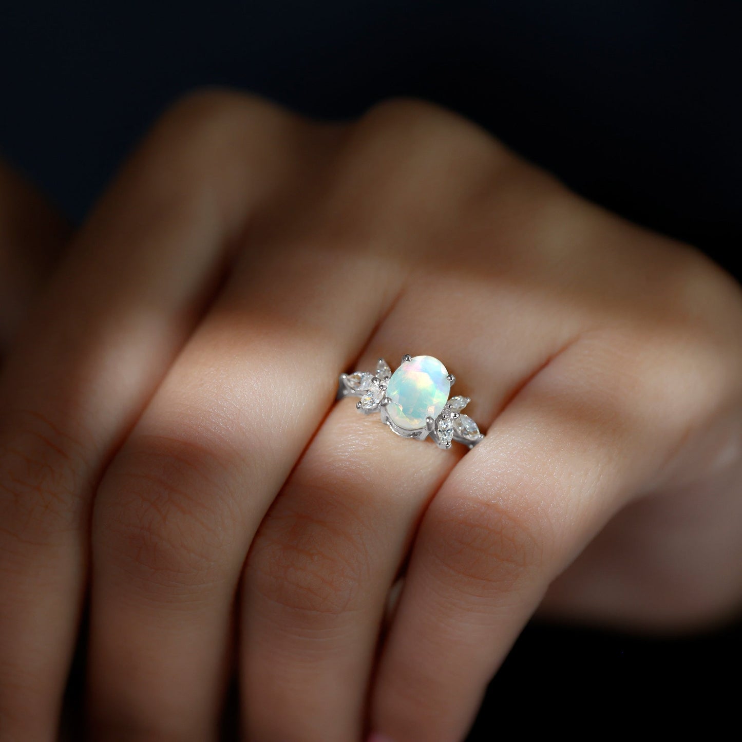 Natural 6X8mm Rainbow Opal Oval Engagement Ring with Diamond