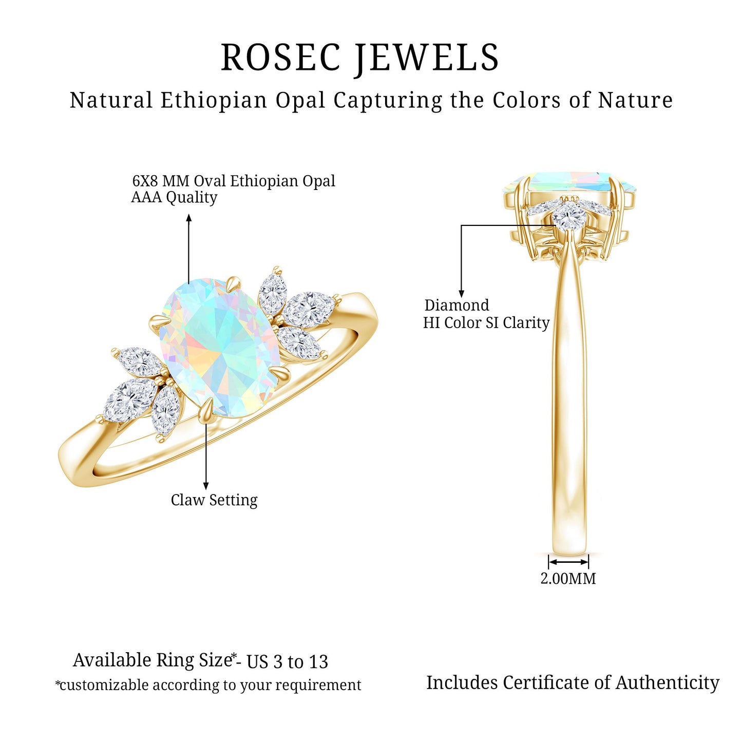 Natural 6X8mm Rainbow Opal Oval Engagement Ring with Diamond