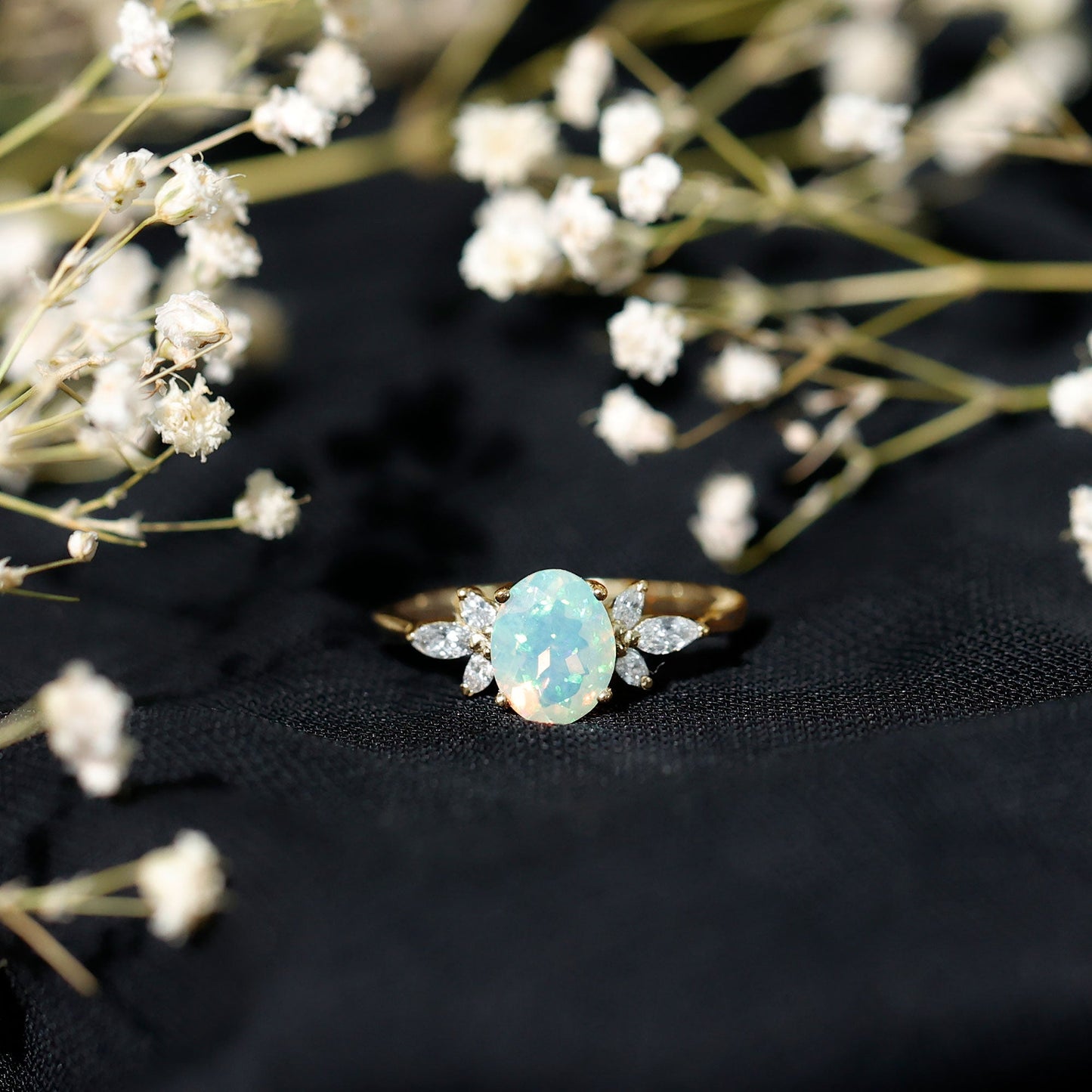 Natural 6X8mm Rainbow Opal Oval Engagement Ring with Diamond