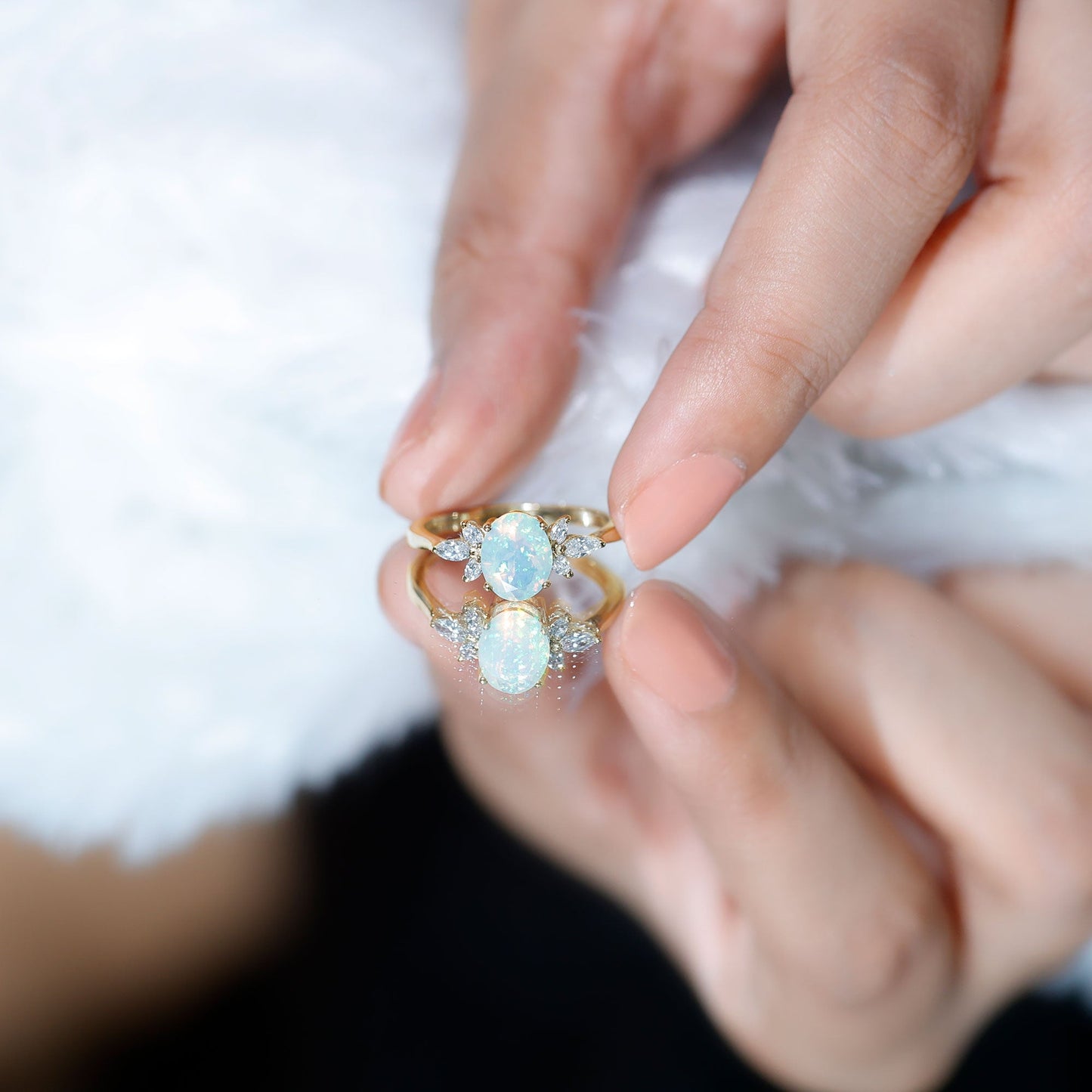 Natural 6X8mm Rainbow Opal Oval Engagement Ring with Diamond