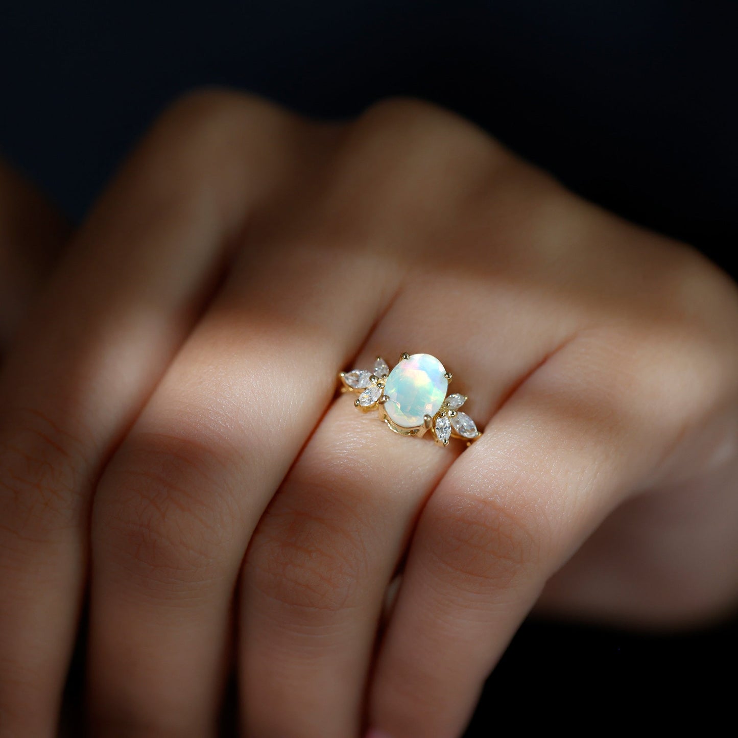 Natural 6X8mm Rainbow Opal Oval Engagement Ring with Diamond