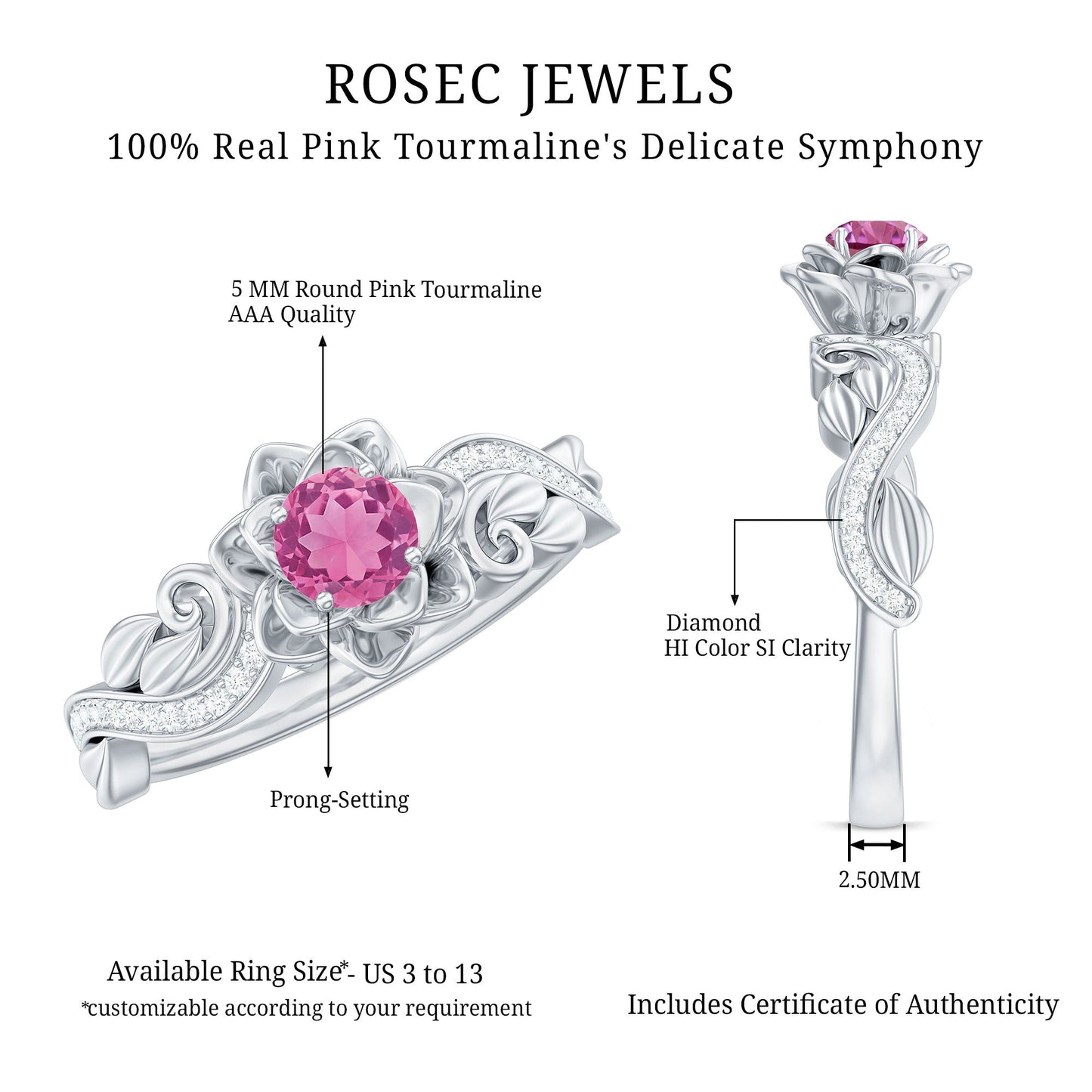 Nature Inspired Pink Tourmaline and Diamond Engagement Ring