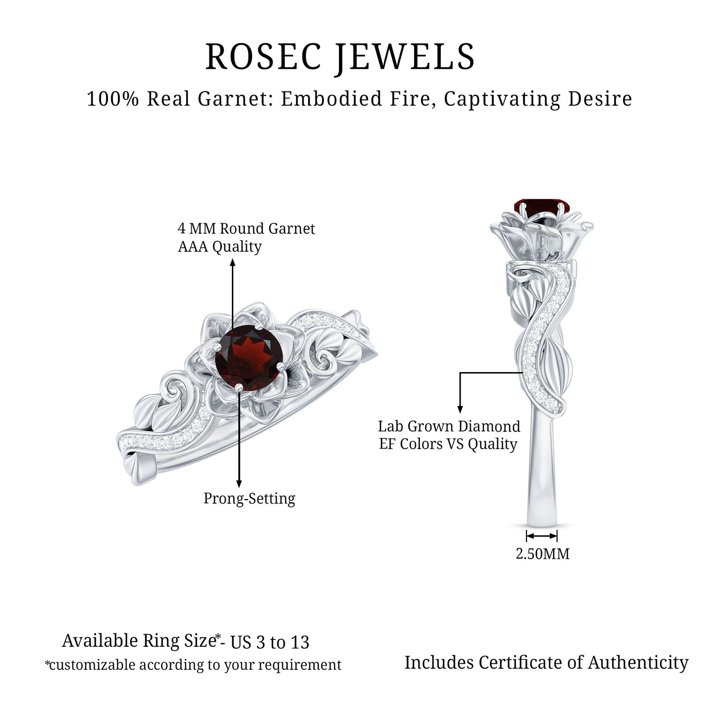 Certified Natural Garnet Rose Flower Engagement Ring with Diamond