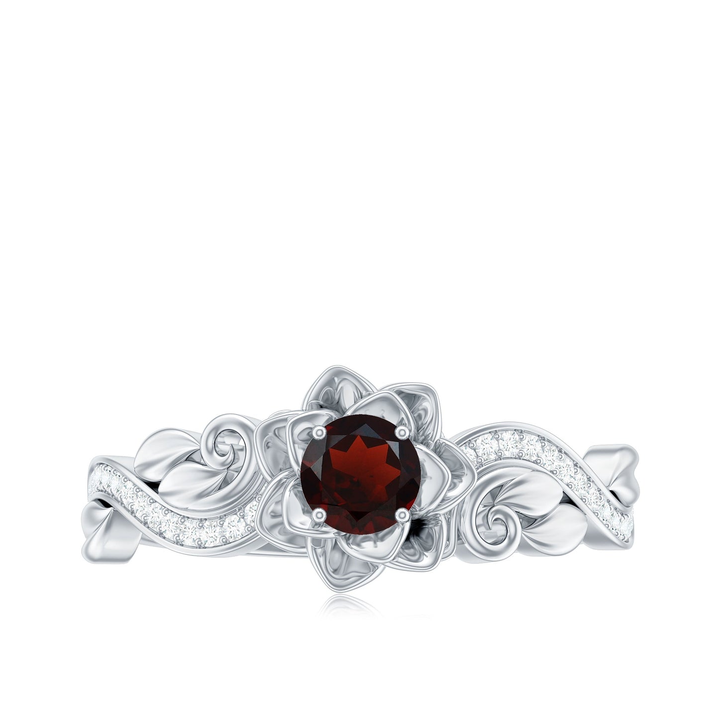 Certified Natural Garnet Rose Flower Engagement Ring with Diamond