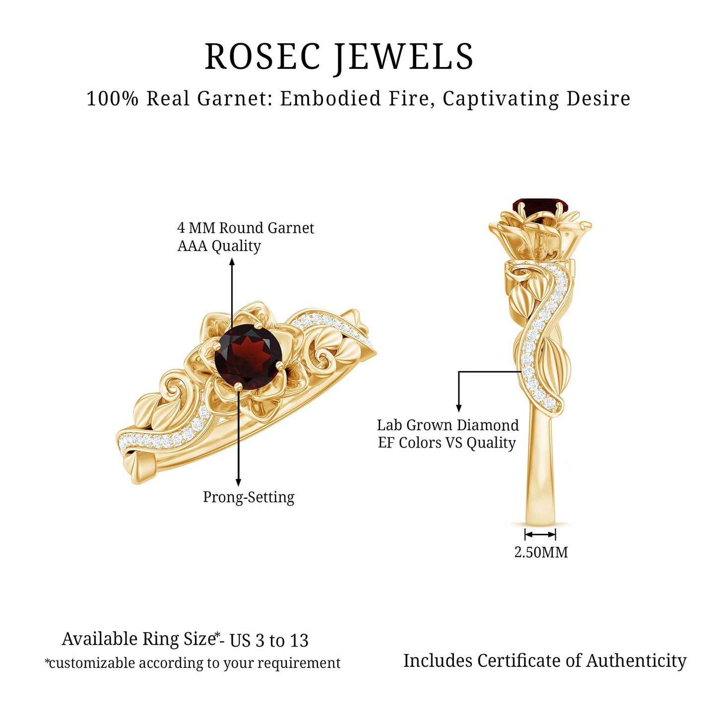 Certified Natural Garnet Rose Flower Engagement Ring with Diamond