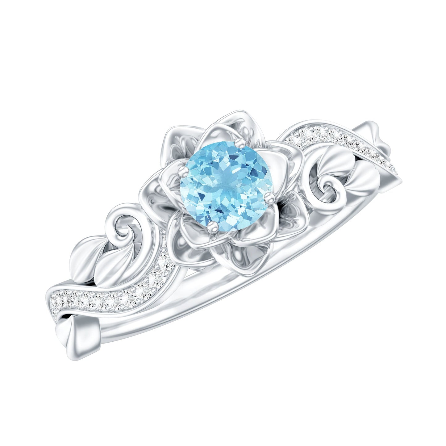 Natural Aquamarine Flower Inspired Engagement Ring With Diamond