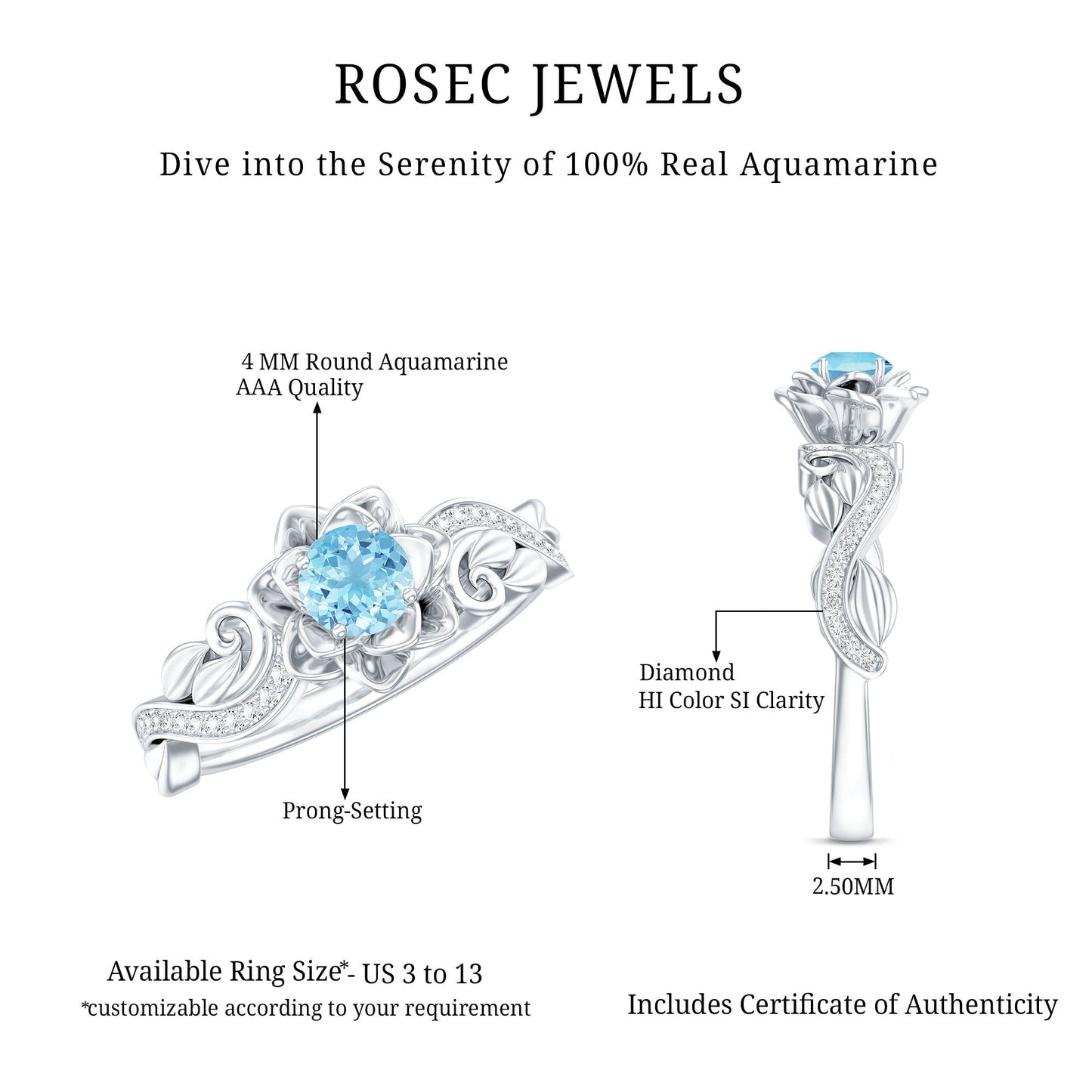 Natural Aquamarine Flower Inspired Engagement Ring With Diamond