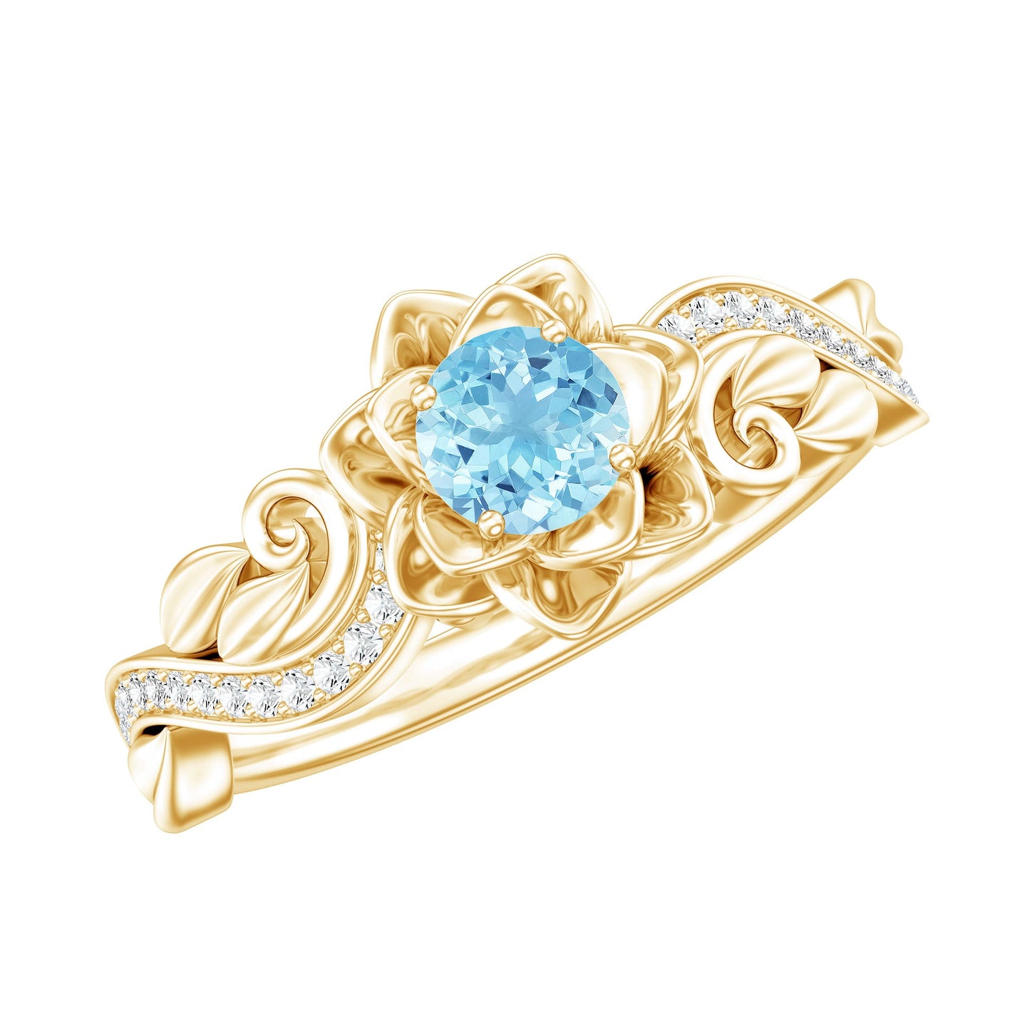 Natural Aquamarine Flower Inspired Engagement Ring With Diamond