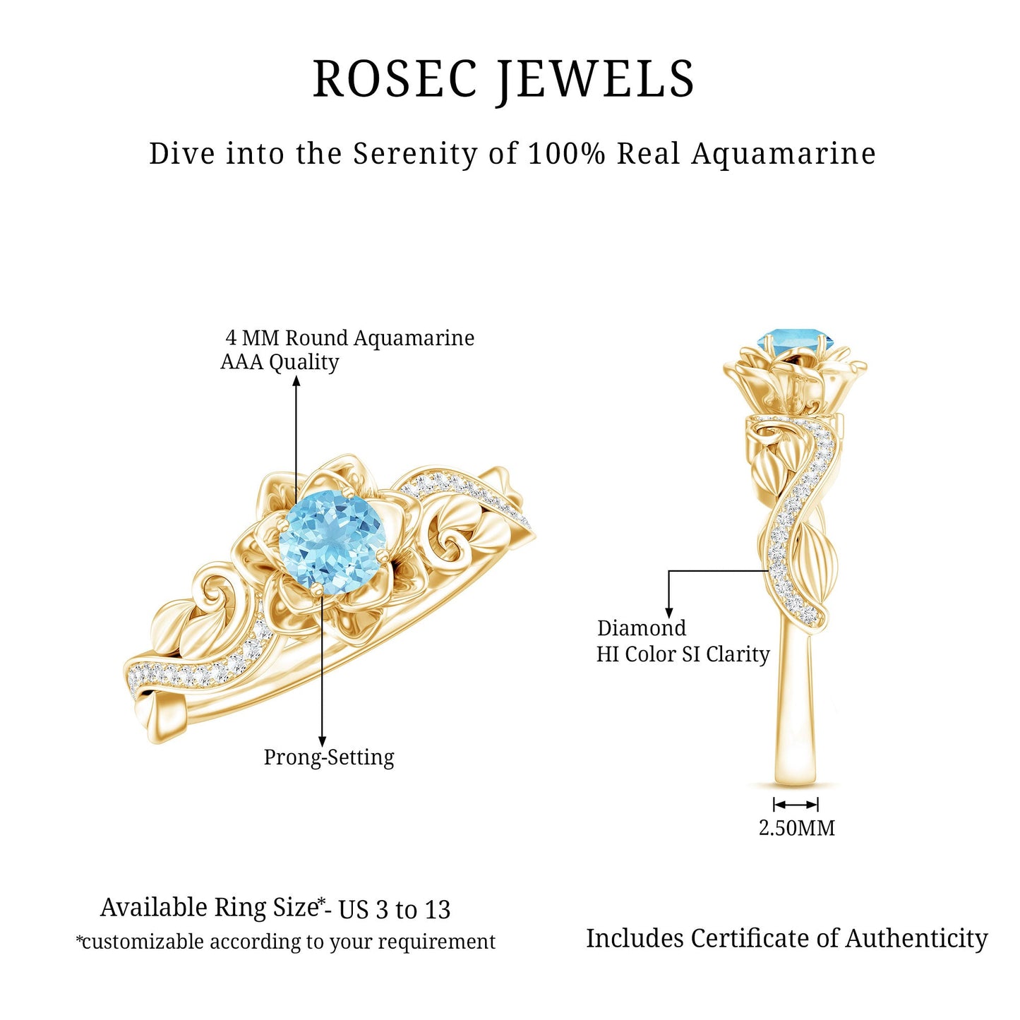 Natural Aquamarine Flower Inspired Engagement Ring With Diamond