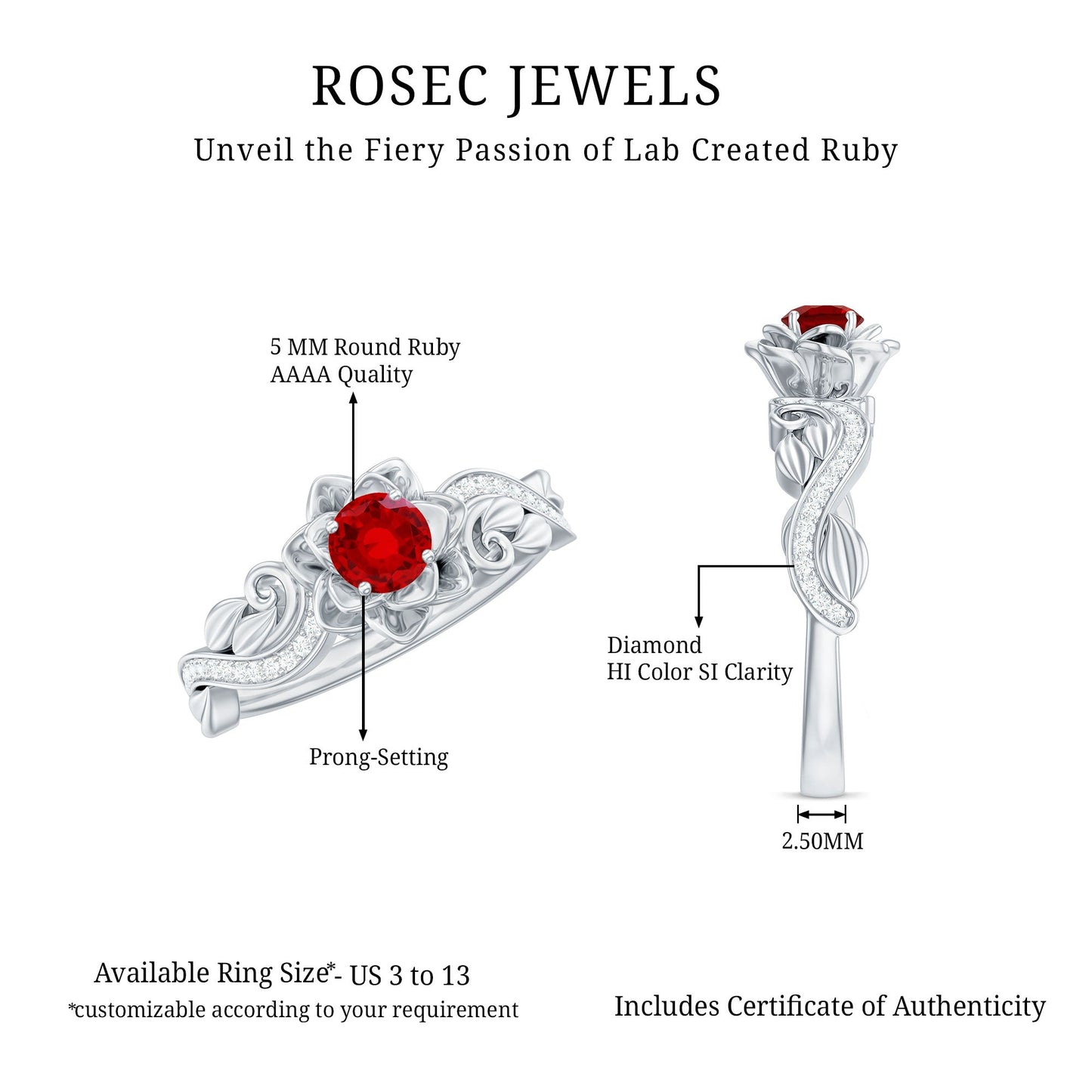 Nature Inspired Engagement Ring with Lab Ruby and Diamonds