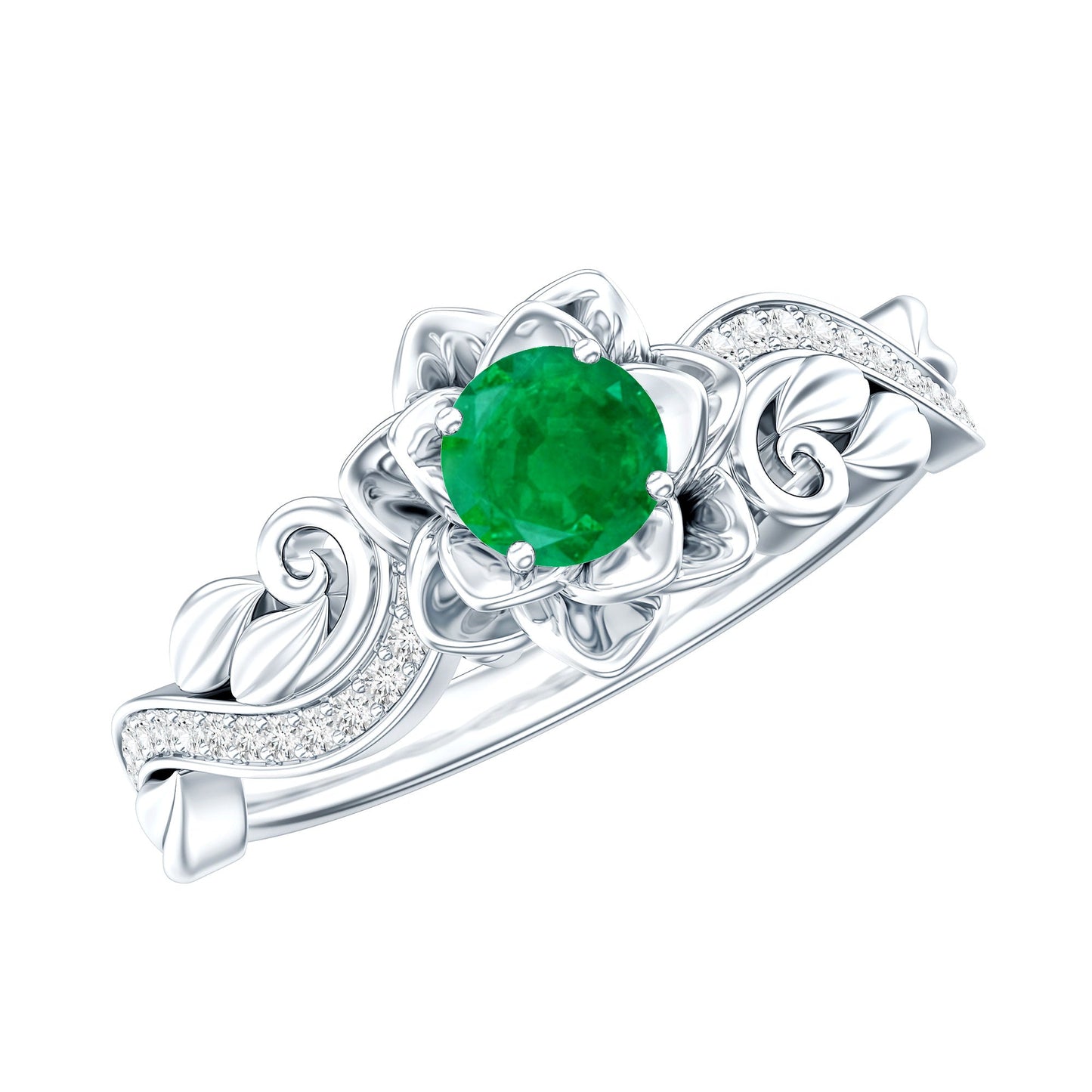 Certified 5 MM Emerald and Diamond Flower Engagement Ring