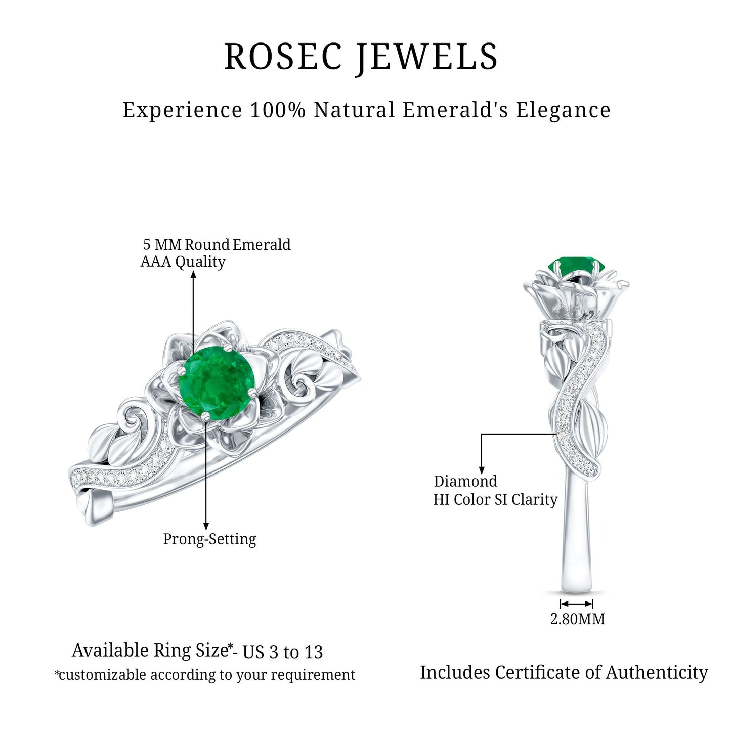 Certified 5 MM Emerald and Diamond Flower Engagement Ring