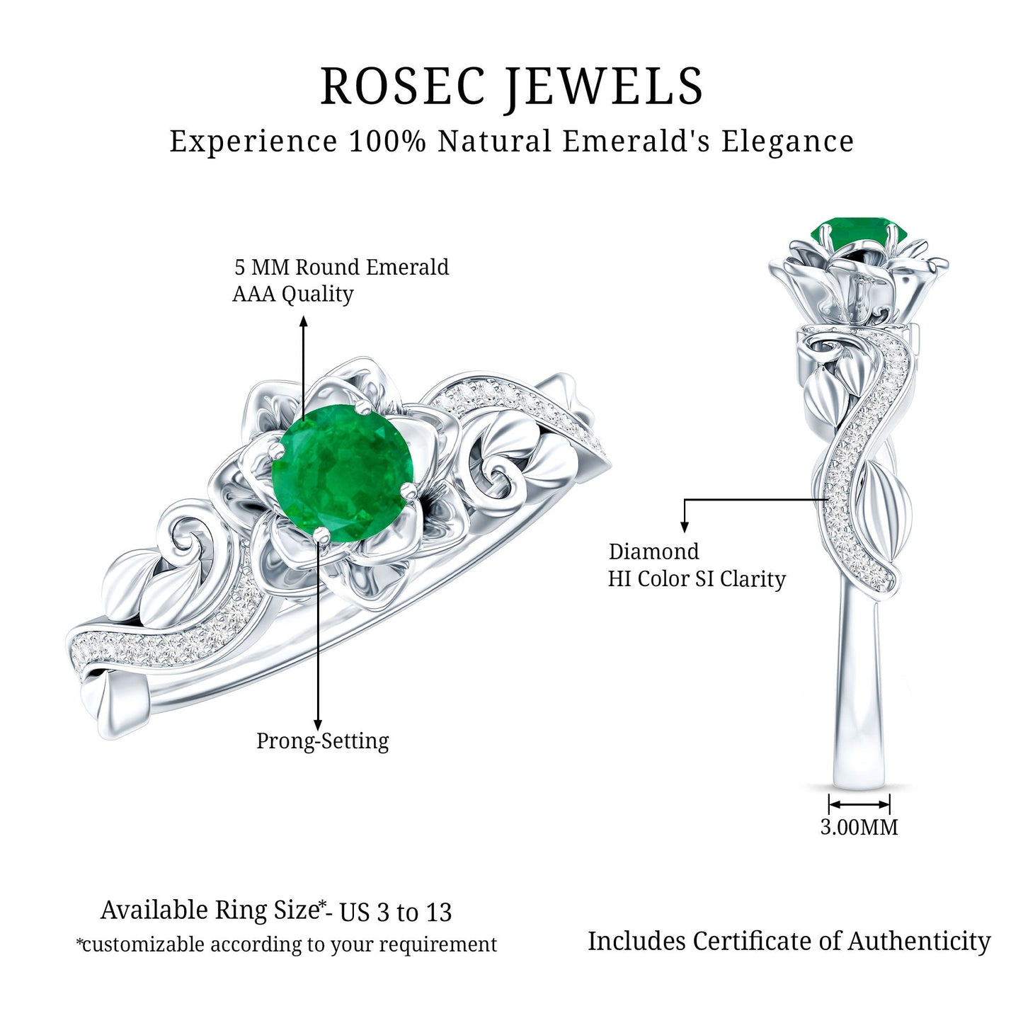 Certified 5 MM Emerald and Diamond Flower Engagement Ring