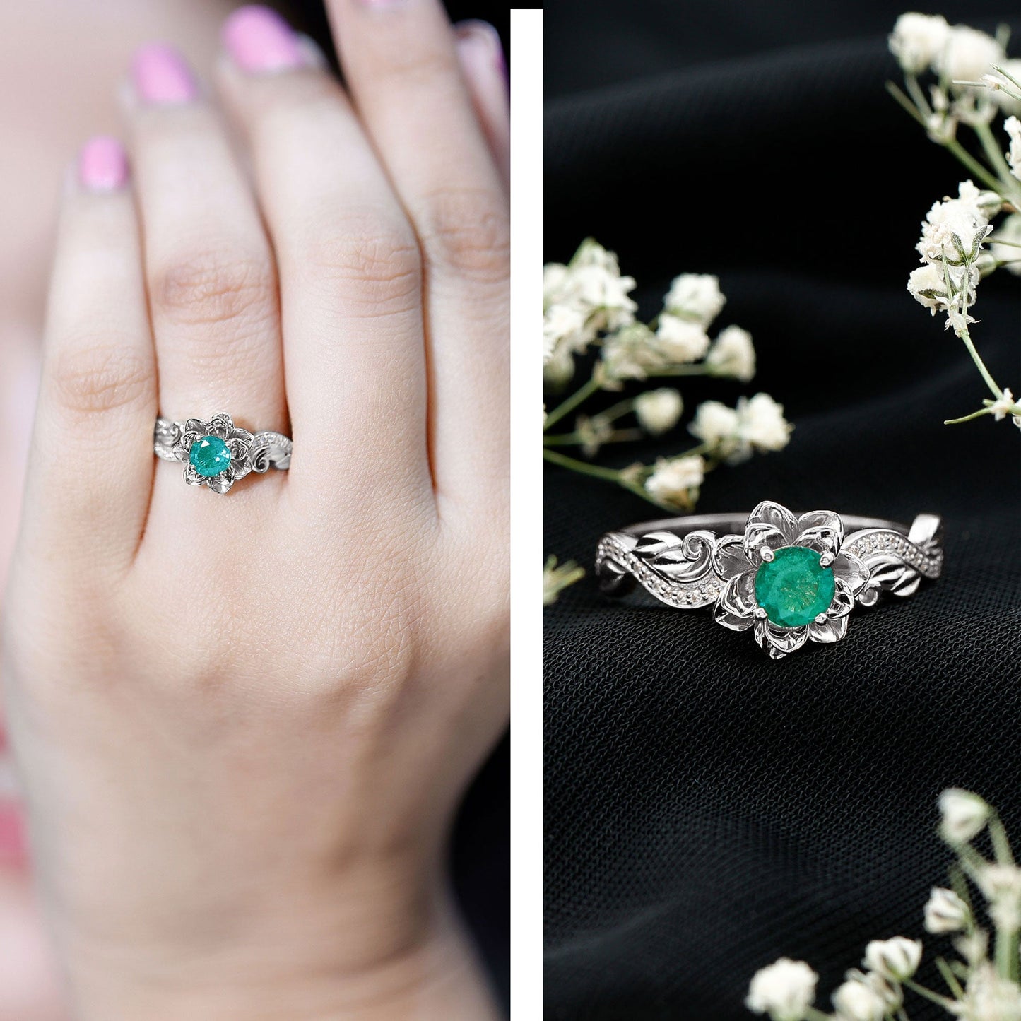 Certified 5 MM Emerald and Diamond Flower Engagement Ring