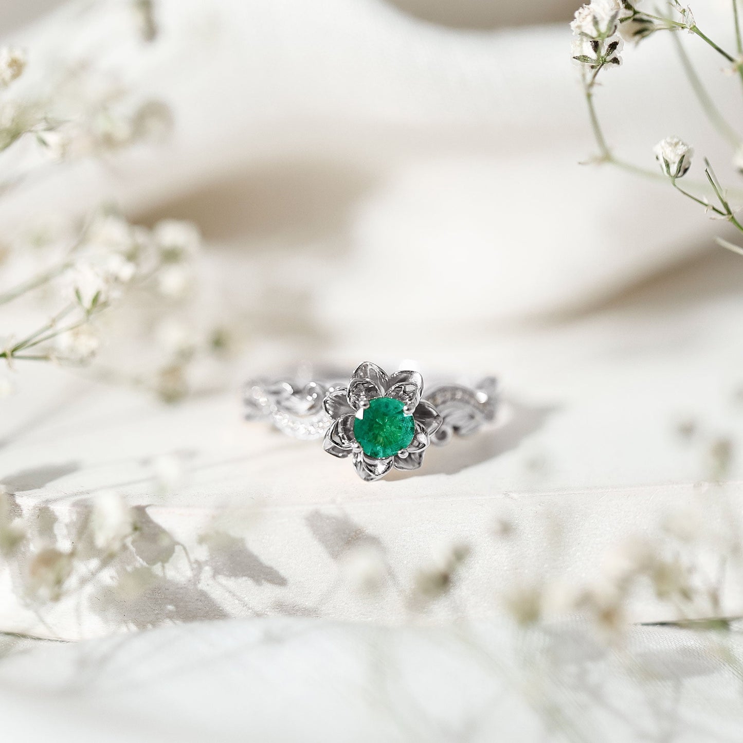 Certified 5 MM Emerald and Diamond Flower Engagement Ring