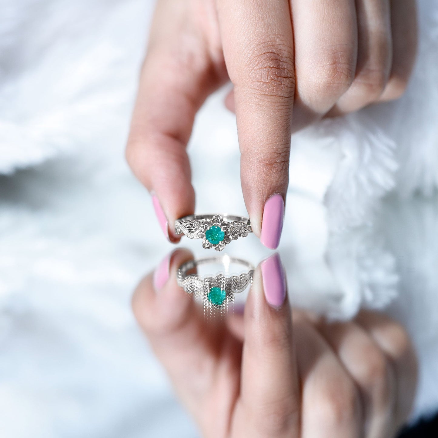 Certified 5 MM Emerald and Diamond Flower Engagement Ring