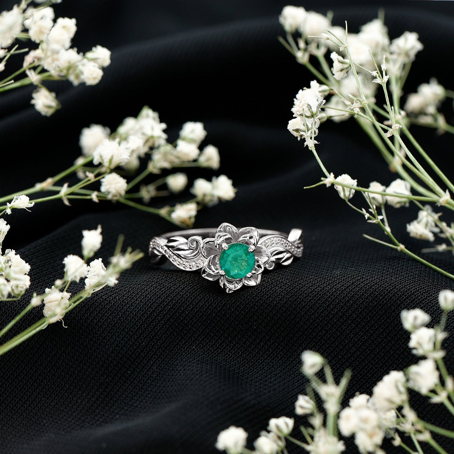Certified 5 MM Emerald and Diamond Flower Engagement Ring