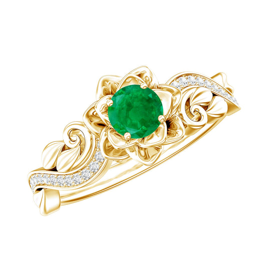 Certified 5 MM Emerald and Diamond Flower Engagement Ring