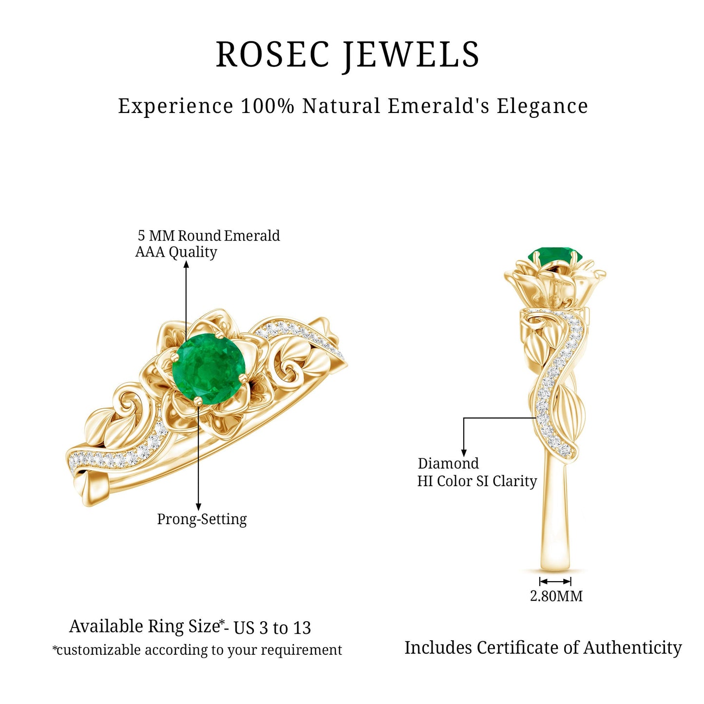 Certified 5 MM Emerald and Diamond Flower Engagement Ring