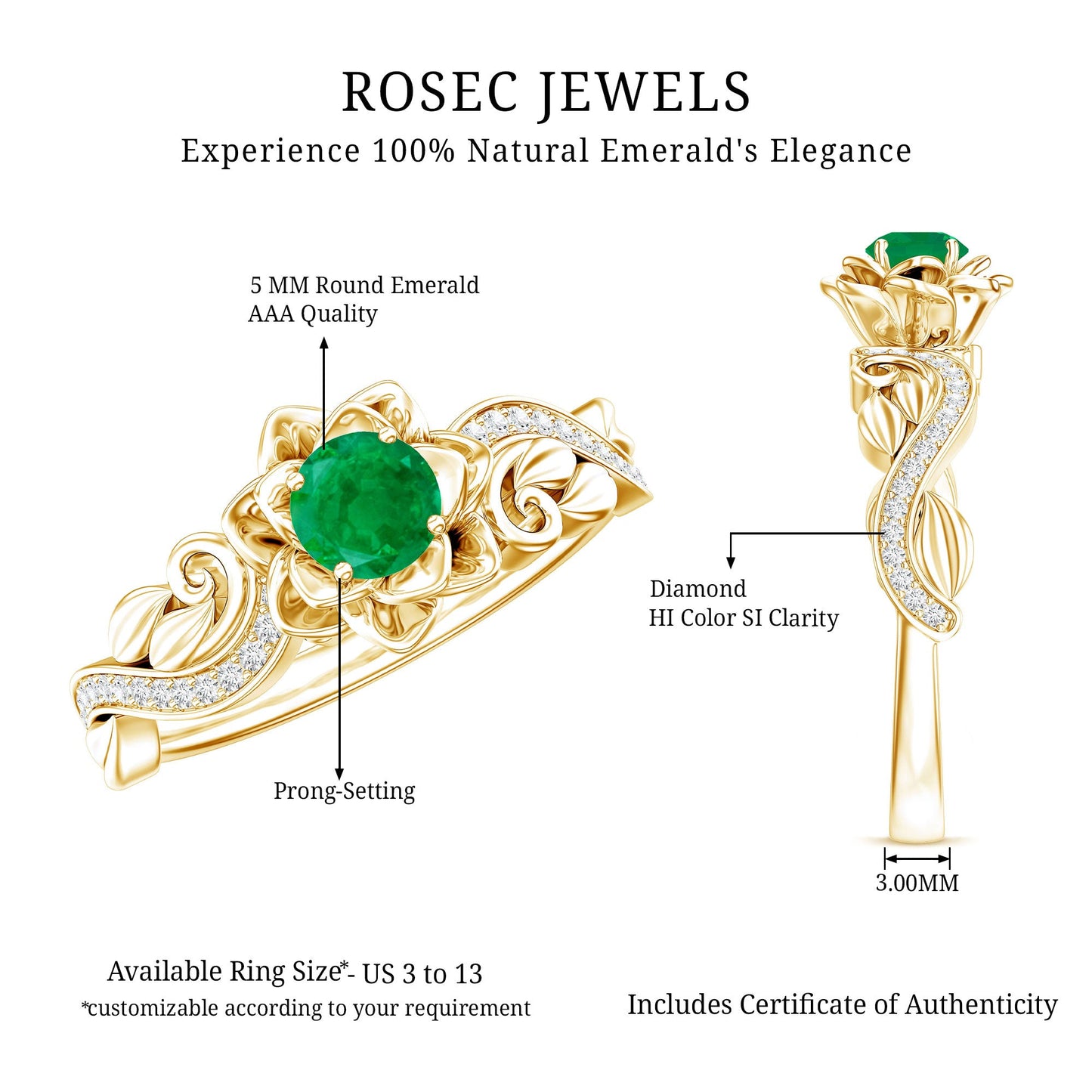 Certified 5 MM Emerald and Diamond Flower Engagement Ring