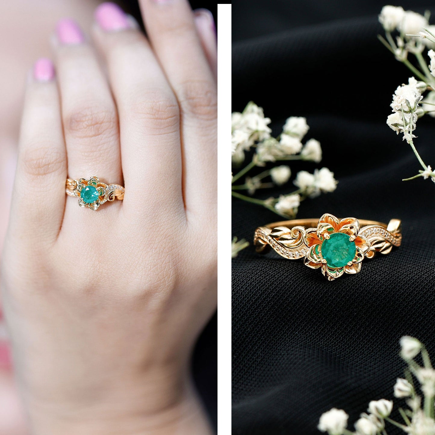 Certified 5 MM Emerald and Diamond Flower Engagement Ring