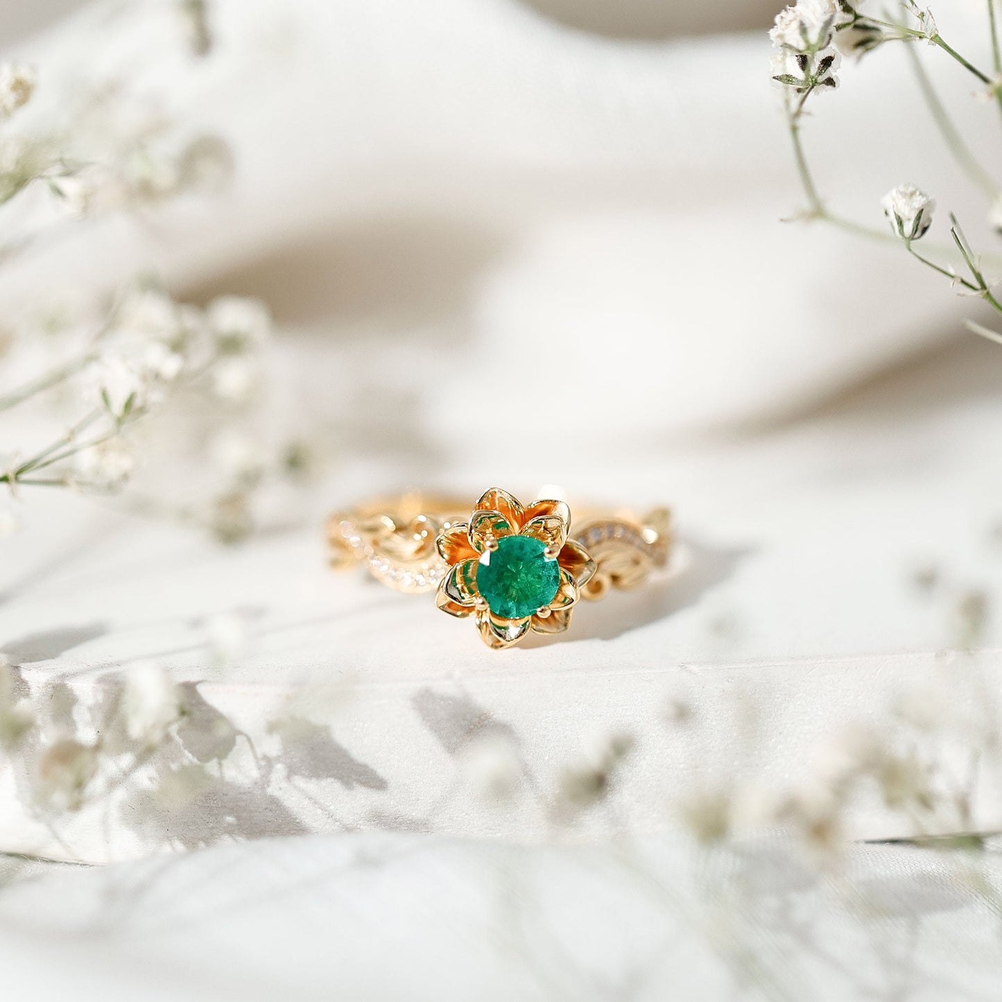Certified 5 MM Emerald and Diamond Flower Engagement Ring