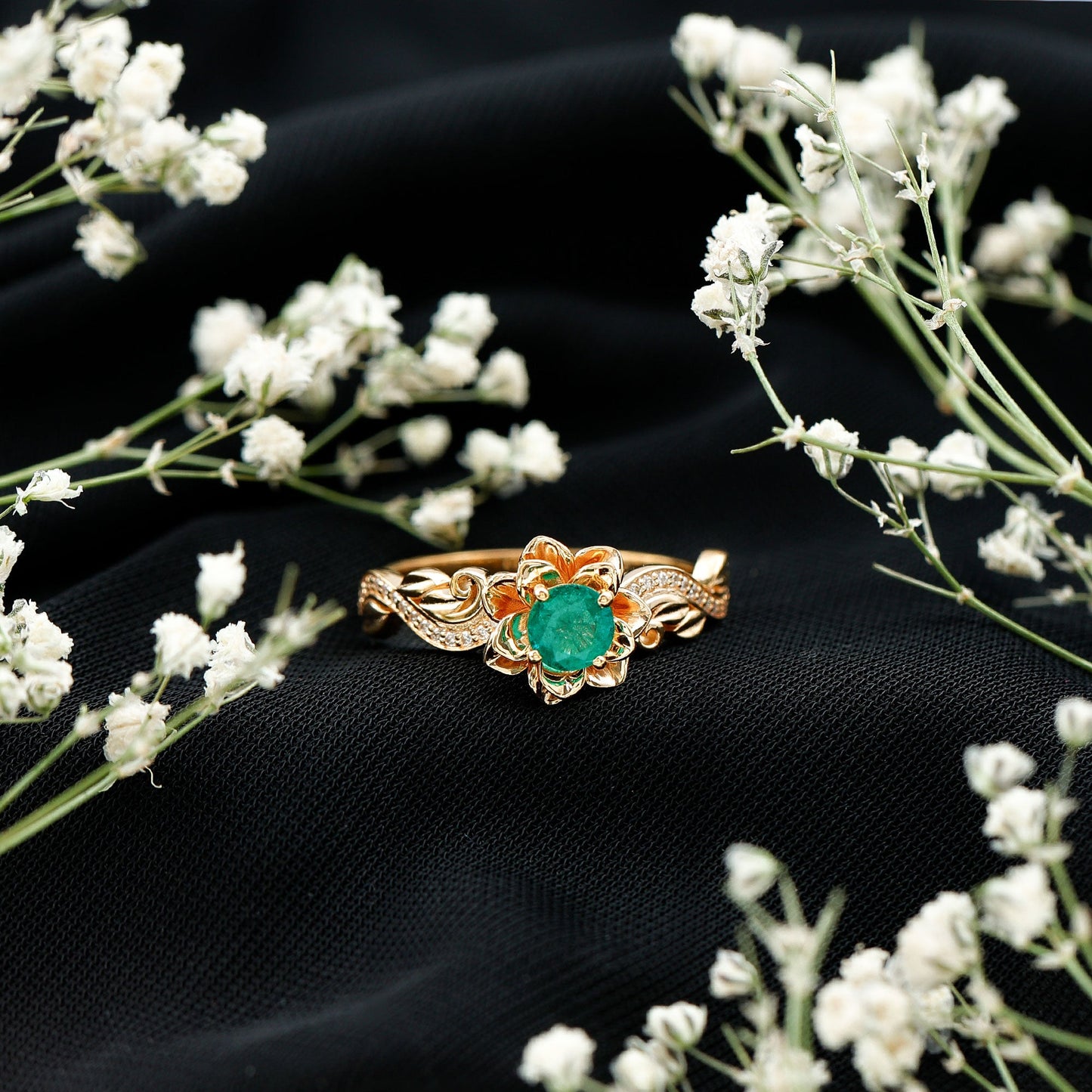 Certified 5 MM Emerald and Diamond Flower Engagement Ring